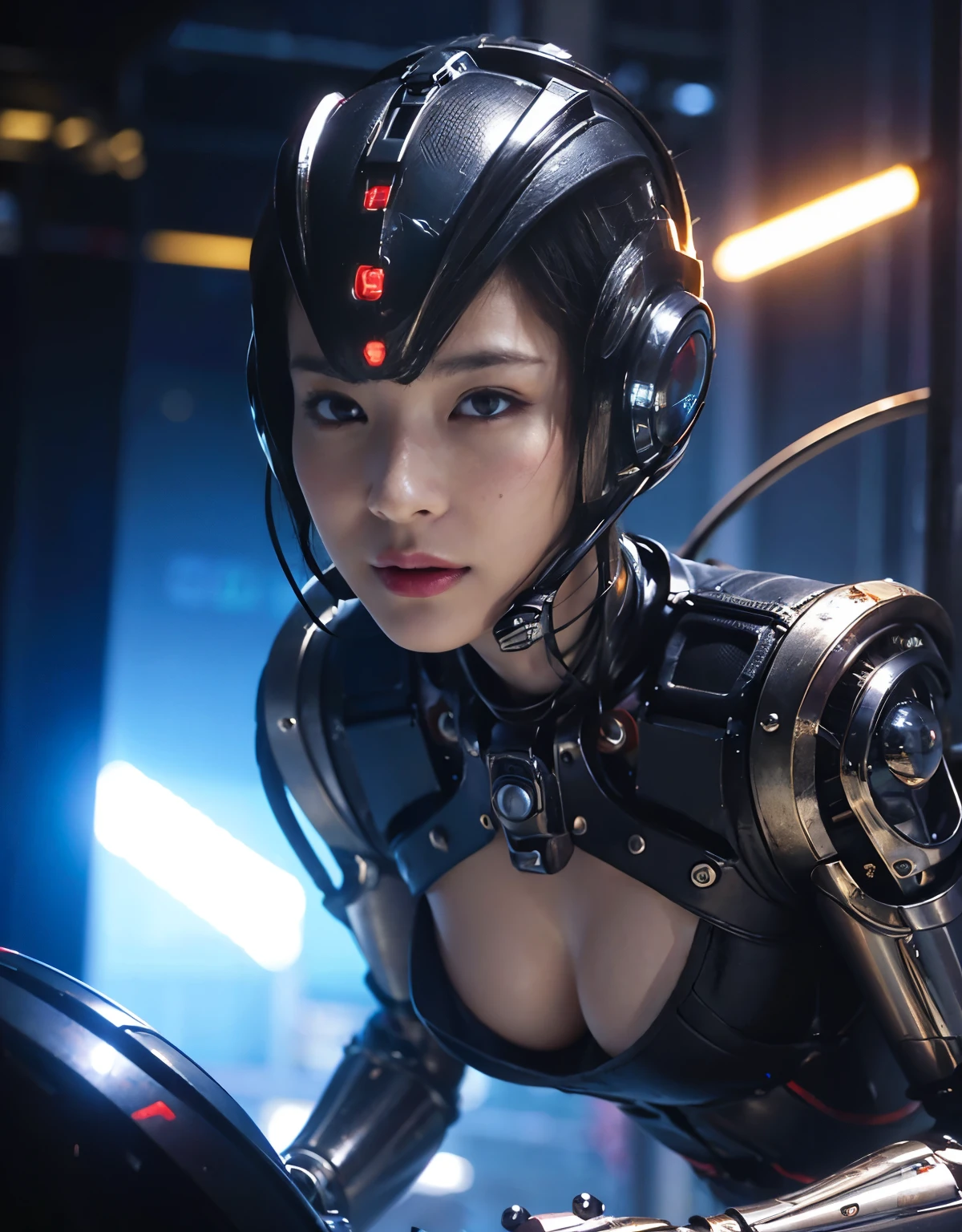 (Skimpy mechanical girl and alien background)、(Mystical expression)、highest quality、masterpiece、Super high resolution、(Photoreal:1.4)、RAW photo、1 girl、glowing skin、(((1 Mechanical Girl)))、Heavy chest、(red metalボディスーツ)、(Natural alien background to fight aliens)、(Small LED)、((Super realistic details))、vertical giant monster background),global illumination、Shadow、octane rendering、8K、super sharp、robotの背景、big breasts、Raw skin exposed in the cleavage、red metal、intricate decorative details、Japan details、very intricate details、realistic light、(Mystical expression),CG Society Trenlow Eyes、Eyes shining towards the camera、Mechanical marginal blood vessels connected to neon detail tubes)、(Wires and cables connecting to the head)、Small LED、,mechanical thighs、two stock、(Hands are also made of machines)、robot、future alien、Please wear a mechanical helmet、transparent face guard on helmet、