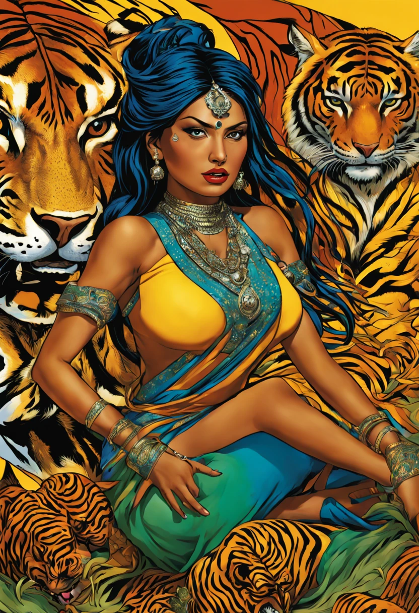 Detailed clean line Marvel Comic photography, with beautiful details and clean finishing: Indian Hindu Goddess. She has FOUR Hands. She is wearing Jewelry, She is riding on a Wild Tiger. Tiger ir Roaring. Action Shot. Dynamic Movement and Perspective. Pop Colors. Roy Lichtenstein. DC Comics. Marvel Comics. Style of Roy Lichtenstein and John Byrne and Style of Yayoi Kusama.  --v 6 --style raw