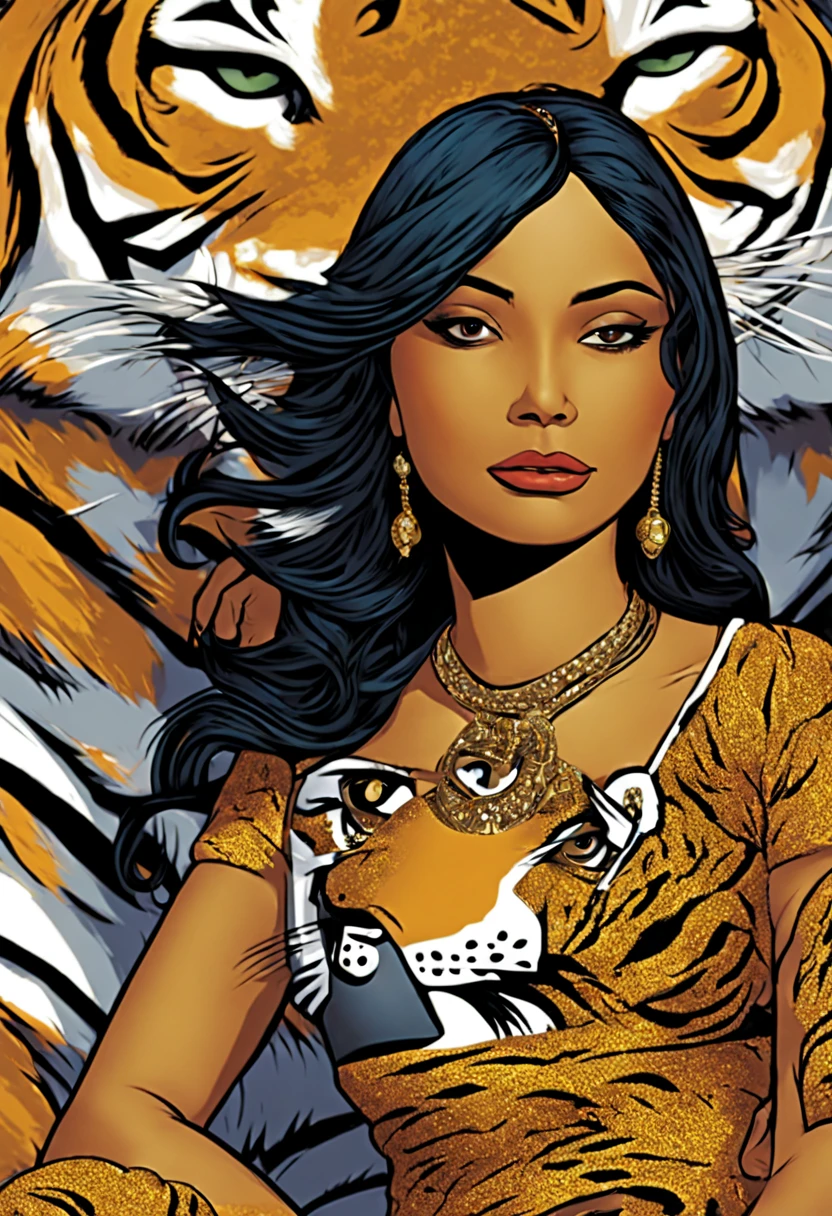 Detailed clean line Marvel Comic photography, with beautiful details and clean finishing: Indian Hindu Goddess. She has FOUR Hands. She is wearing Jewelry, She is riding on a Wild Tiger. Tiger ir Roaring. Action Shot. Dynamic Movement and Perspective. Pop Colors. Roy Lichtenstein. DC Comics. Marvel Comics. Style of Roy Lichtenstein and John Byrne and Style of Yayoi Kusama.  --v 6 --style raw