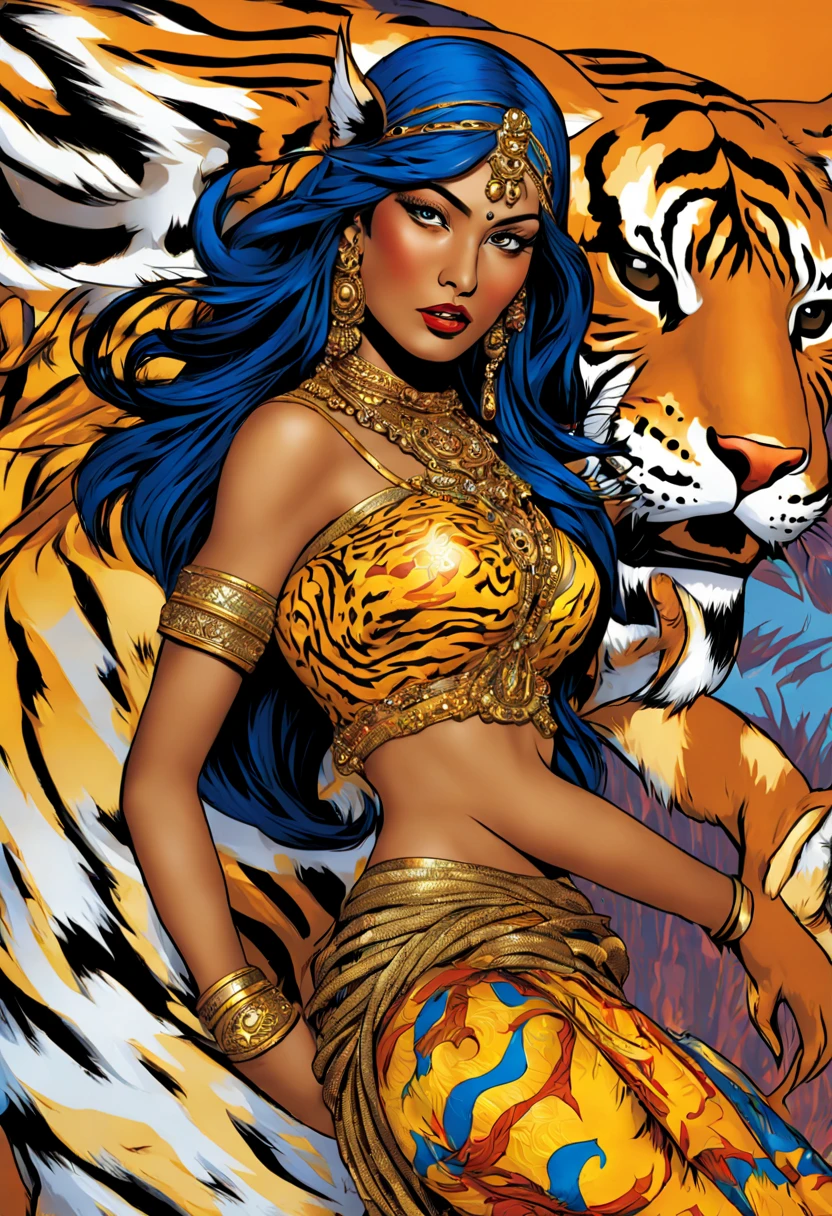 Detailed clean line Marvel Comic photography, with beautiful details and clean finishing: Indian Hindu Goddess. She has FOUR Hands. She is wearing Jewelry, She is riding on a Wild Tiger. Tiger ir Roaring. Action Shot. Dynamic Movement and Perspective. Pop Colors. Roy Lichtenstein. DC Comics. Marvel Comics. Style of Roy Lichtenstein and John Byrne and Style of Yayoi Kusama.  --v 6 --style raw