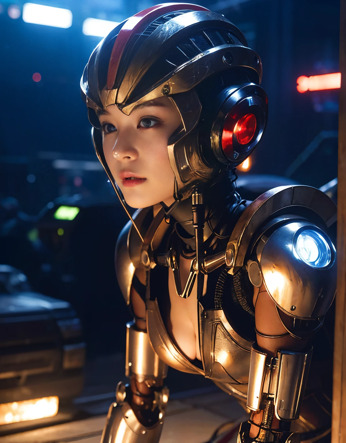 (Skimpy mechanical girl and alien background)、(Mystical expression)、highest quality、masterpiece、Super high resolution、(Photoreal:1.4)、RAW photo、1 girl、glowing skin、(((1 Mechanical Girl)))、Heavy chest、(red metalボディスーツ)、(Natural alien background to fight aliens)、(Small LED)、((Super realistic details))、vertical giant monster background),global illumination、Shadow、octane rendering、8K、super sharp、robotの背景、big breasts、Raw skin exposed in the cleavage、red metal、intricate decorative details、Japan details、very intricate details、realistic light、(Mystical expression),CG Society Trenlow Eyes、Eyes shining towards the camera、Mechanical marginal blood vessels connected to neon detail tubes)、(Wires and cables connecting to the head)、Small LED、,mechanical thighs、two stock、(Hands are also made of machines)、robot、future alien、Please wear a mechanical helmet、transparent face guard on helmet、