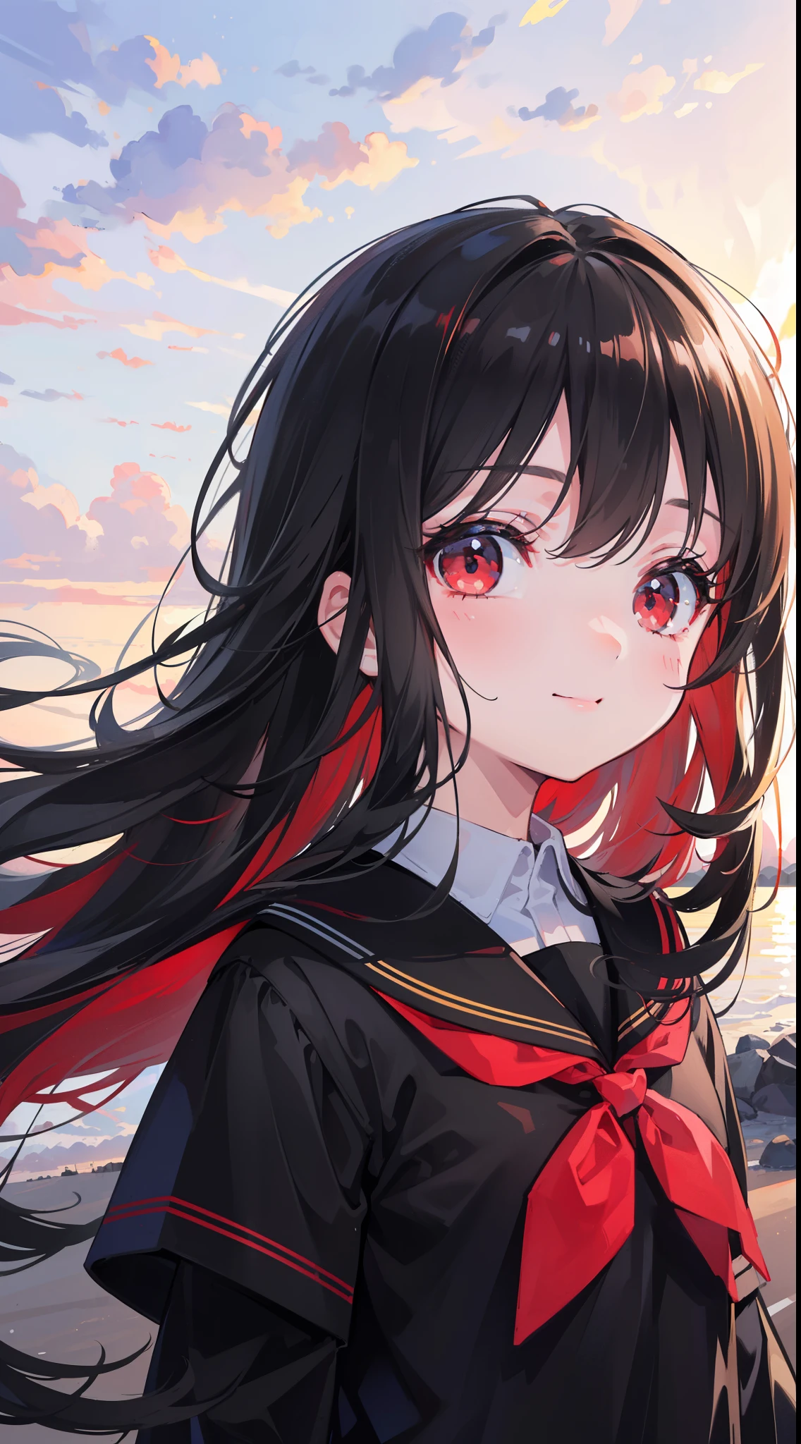 (16k), 8k, best quality, ultra-detailed, high resolution, head on, (cute child), (beautiful eyes), (sunrise background), (((face  focus))), (from front), (long hair), (black hair), (red eyes), (((black school uniform))), smile, happy, 