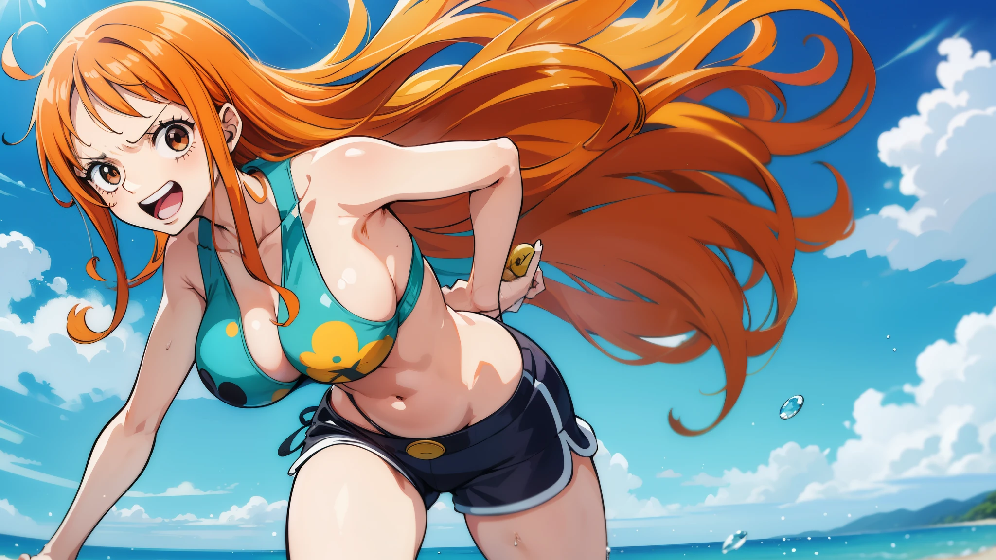 Gere uma imagem realista no estilo anime de Nami de One Piece. Capture your distinctive appearance with orange hair, uma camisa, and a joyful expression. Certifique-se de que a imagem reflete sua personalidade aventureira e confiante, como mostrado no anime.., corpo completo, Plano amplo , NSFW, CURVED ATHLETIC BODY, Fundo da ilha,Bra top, saia, olhos laranja, olhos laranja, axilas