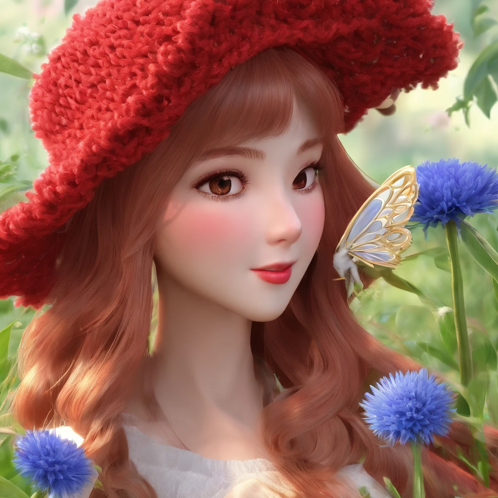 ((fairy tale)), ((Red knitted hat)), ((European face)), ((girl)), ((white apron)), vintage women&#39;s costume, basket of pies, girl идёт по тропинке в лесу, there are flowers around the girl, zinnias, Chamomile, Cornflowers, there are hares around the girls, Proteins, birds, girl похожа на куклу, deeply forested