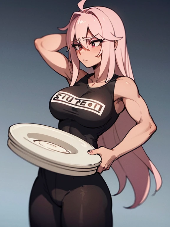 muscular_Female, Sozinho, luta_Mulher, biceps, no_o_academia, cabelo de rabo de cavalo muito longo, Cabelo rosa, cabelo brilhante, Emotionless Eyes, thick lashes attached, olhos pretos, Camiseta regata, shaped cloos, black pants