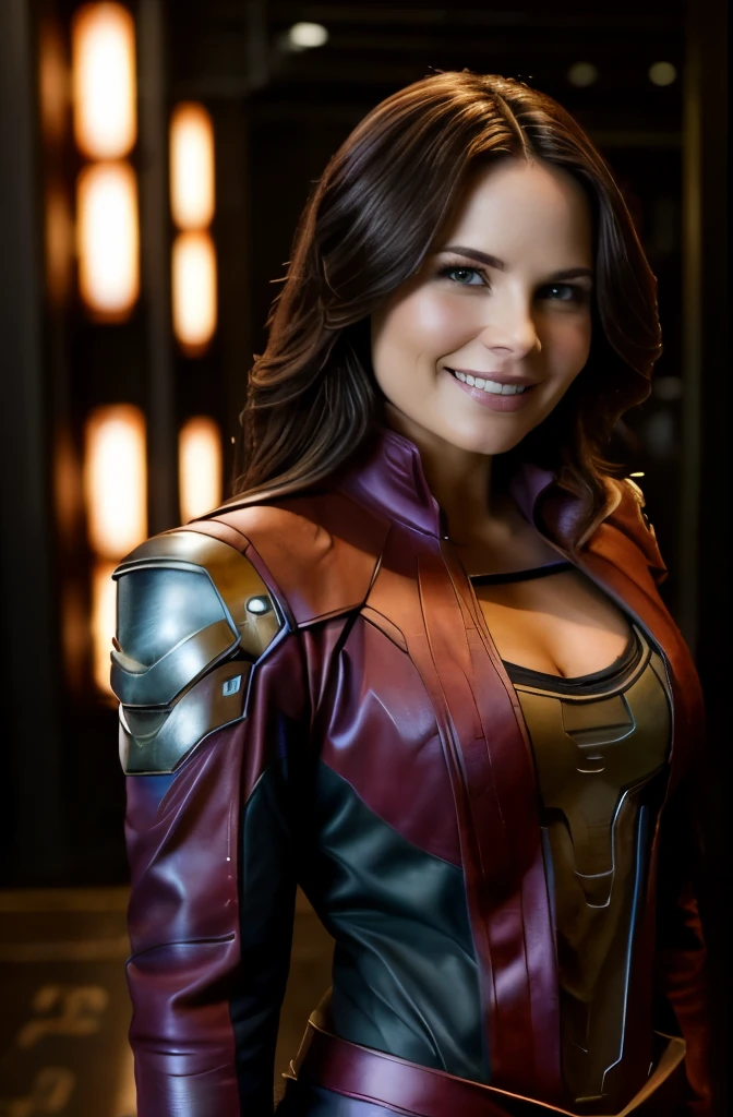Detailed upper body only portrait of Katrina Law, ((Starlord cosplay)), stunning, beautiful, accurate face, smiling widely, happy, the boss, detailed eyes, flowing hair, musclar body, toned, amazonian, in an empty nightclub
