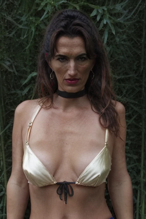 Rb, Photo of Rb a European woman, milf, beautiful face, dark eyes, bare chest, neutral colors, barren land, giant breasts, round breasts,