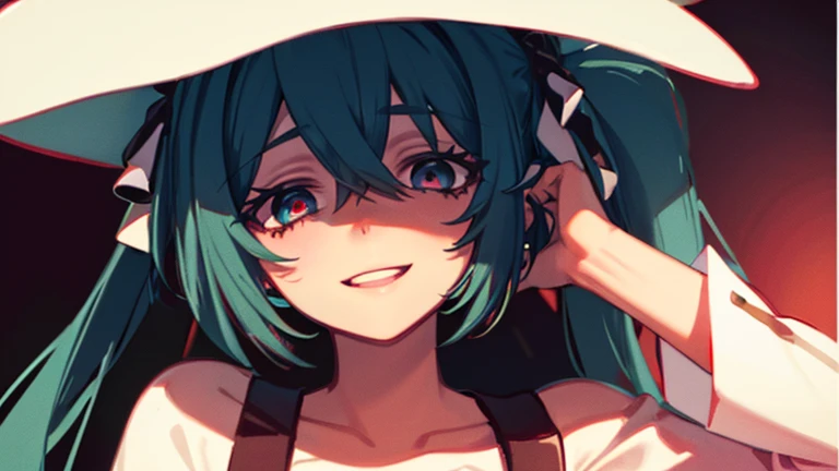 Hatsune Miku,obra maestra, Mejor calidad, (ojos Locos:1.3), (Sonrisa loca:1.45), (cara sombreada:1.1), mujer madura, oscuro, oscuro background, yandere, Yandere Trance, empty eyes, ojos rojos, ojos medio cerrados, con los ojos muy abiertos, oil painting \(medio\), (acuarela \(medio\):0.8), film grain, cabello rosado, cabello corto, cabello corto with long locks, cerraduras laterales, (very cabello corto:1.08), chica poco fe******, (chromatic aberration:1.15), mirando fijamente,
