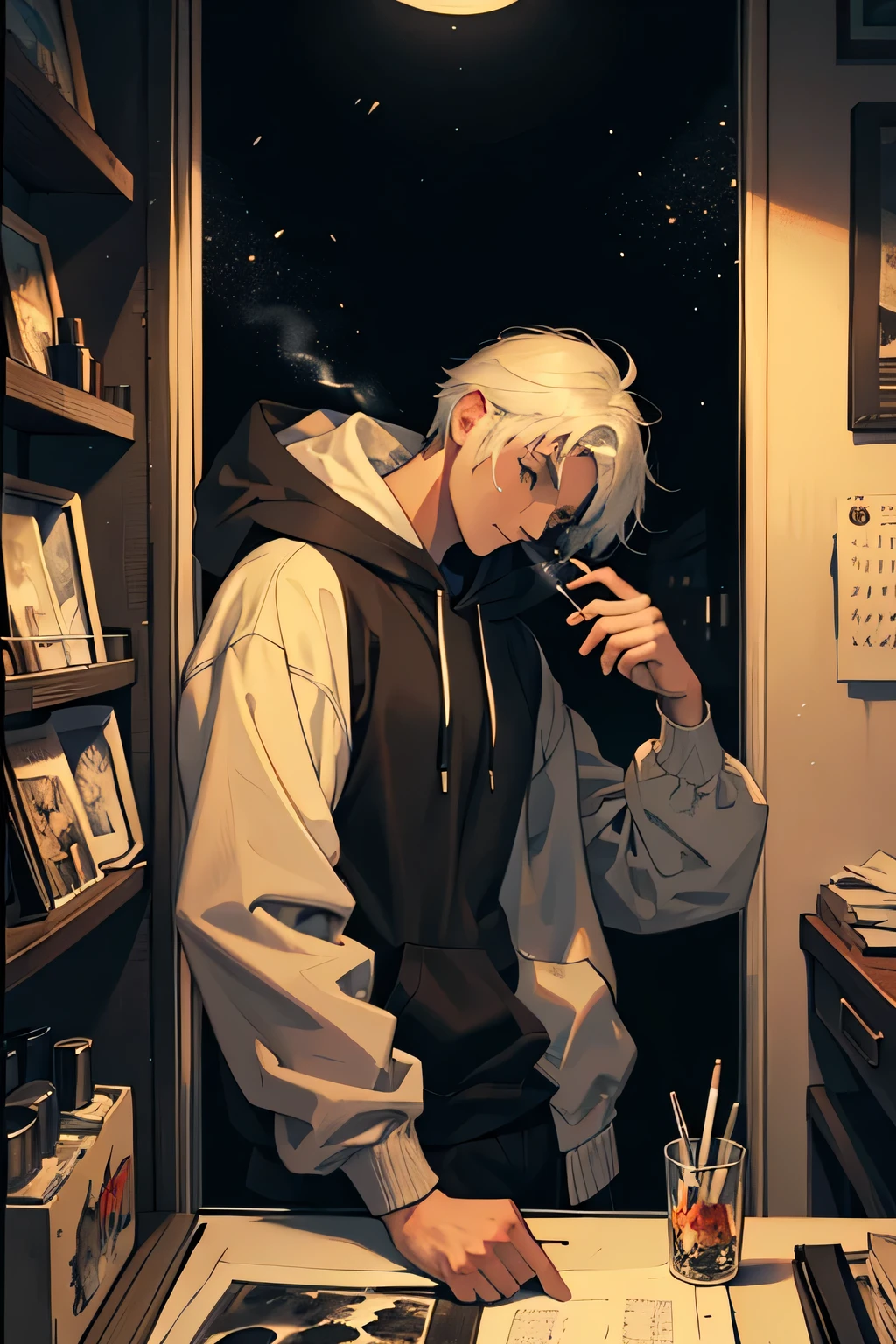 young artist in a hood is sad, boy, The Hooded Man, artist paints on the window, The Night and the Stars, smokes a cigarette, cigarette smoke