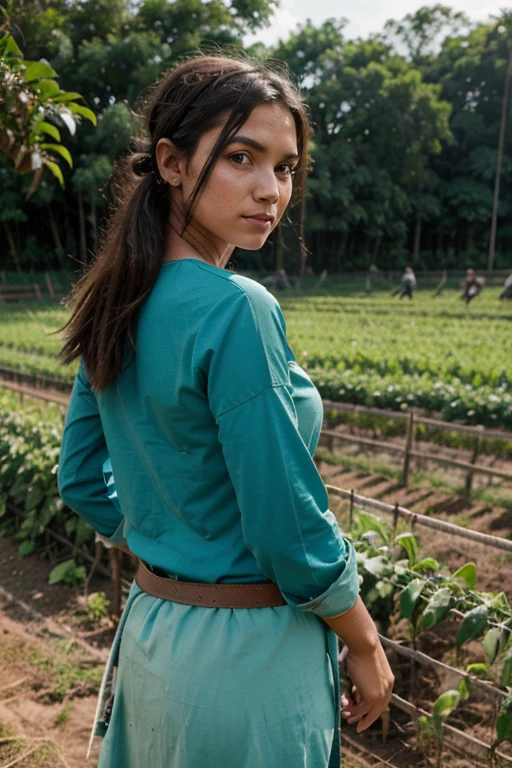 "Develop a full-body avatar for a young female farmer from the backlands of Paraíba, Brasil. The traits must incorporate northeastern rural culture, but with a contemporary style. Posicione-a em um fundo verde. Certifique-se de destacar elementos que caracterizem sua vida no campo, as practical clothing for agricultural work, conveying a feeling of authenticity and modernity."