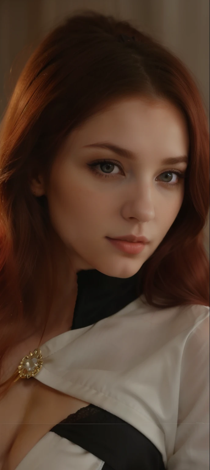 arafed image of a woman with a furry coat and a cat, attractive female face!!!, very very very beautifull face, cute face. dark fantasy, attractive beautiful face, beautiful female, gorgeous attractive face, ███beautiful face███, !seductive eyes and face!, perfect face ), extremely beautiful face, pale skin, snow white colored skin, young, buetifull, red hair parted to the side, looking straight foward,