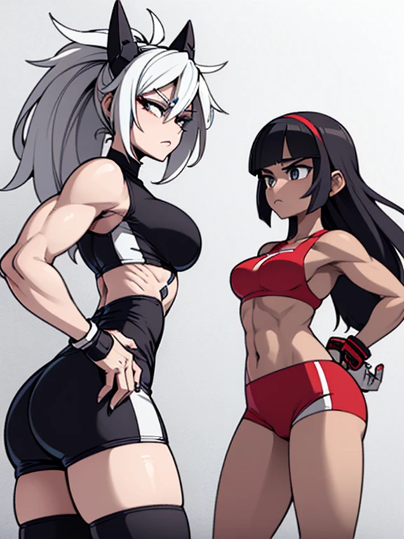 NSFW , on the beach boxing ring ,   Small woman and big woman , Fullbody shot , Wear Monokini swimsuit with pantyhose , Female boxing Face to face, huge breasts.