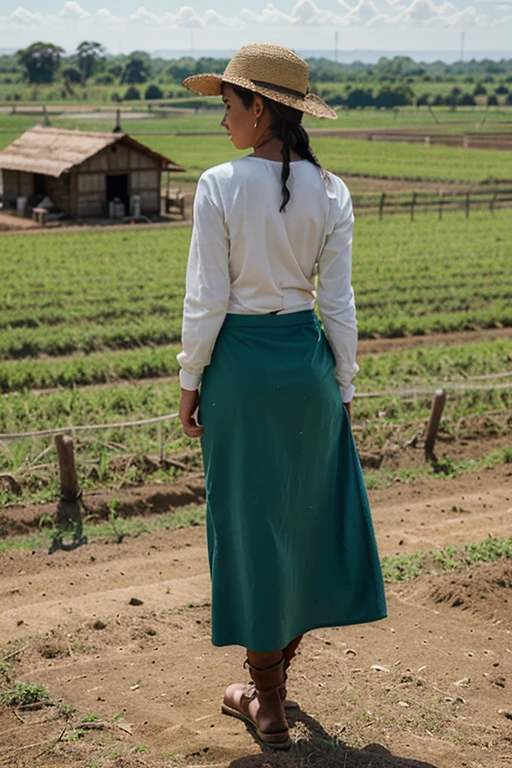 "Develop a full-body avatar for a young female farmer from the backlands of Paraíba, Brasil. The traits must incorporate northeastern rural culture, but with a contemporary style. Posicione-a em um fundo verde. Certifique-se de destacar elementos que caracterizem sua vida no campo, as practical clothing for agricultural work, conveying a feeling of authenticity and modernity."