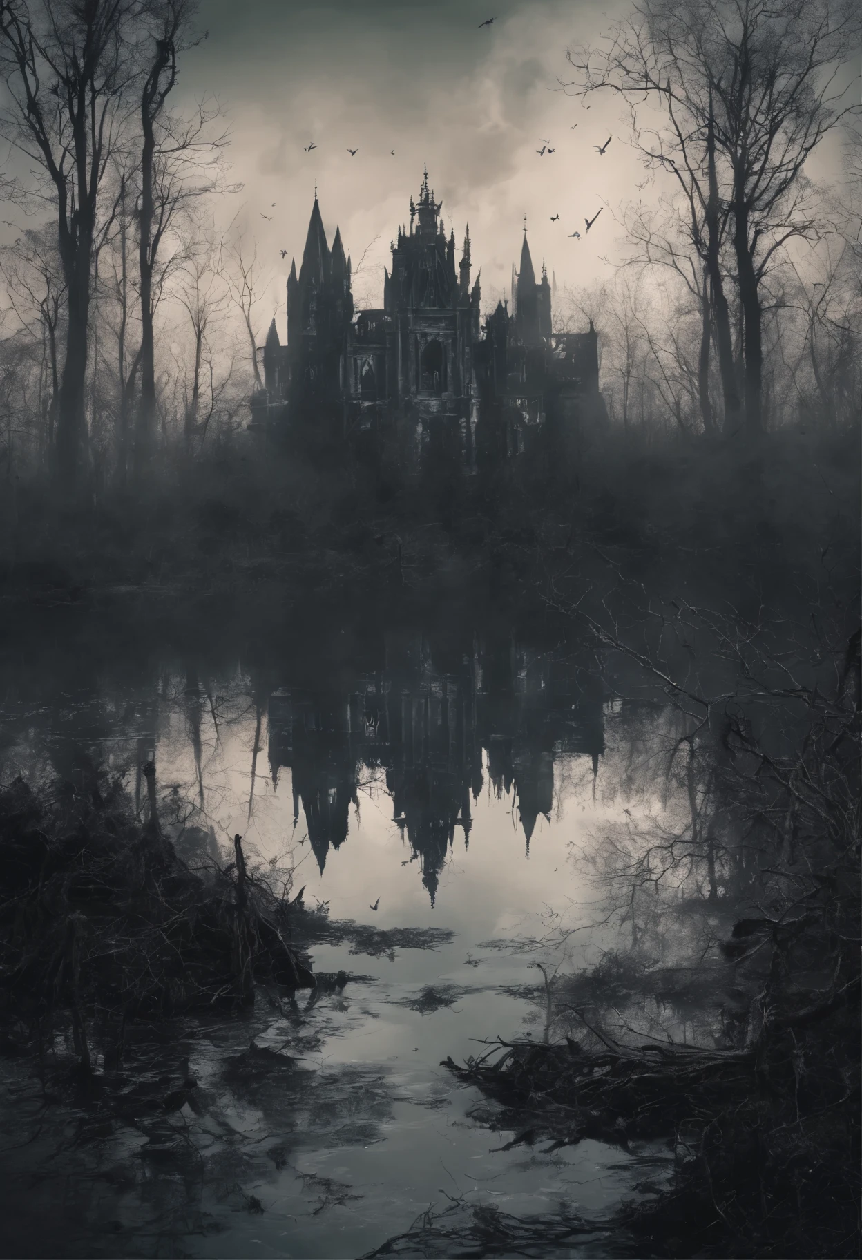 ((a dark ethereal ghost flies over a swampy forest):1.5), the ruins of an ancient watchtower in the background, (Best Quality, 16K, Masterpiece, UHD:1.3, Huge detail, hyper realistic, epic scale, insane level of details)