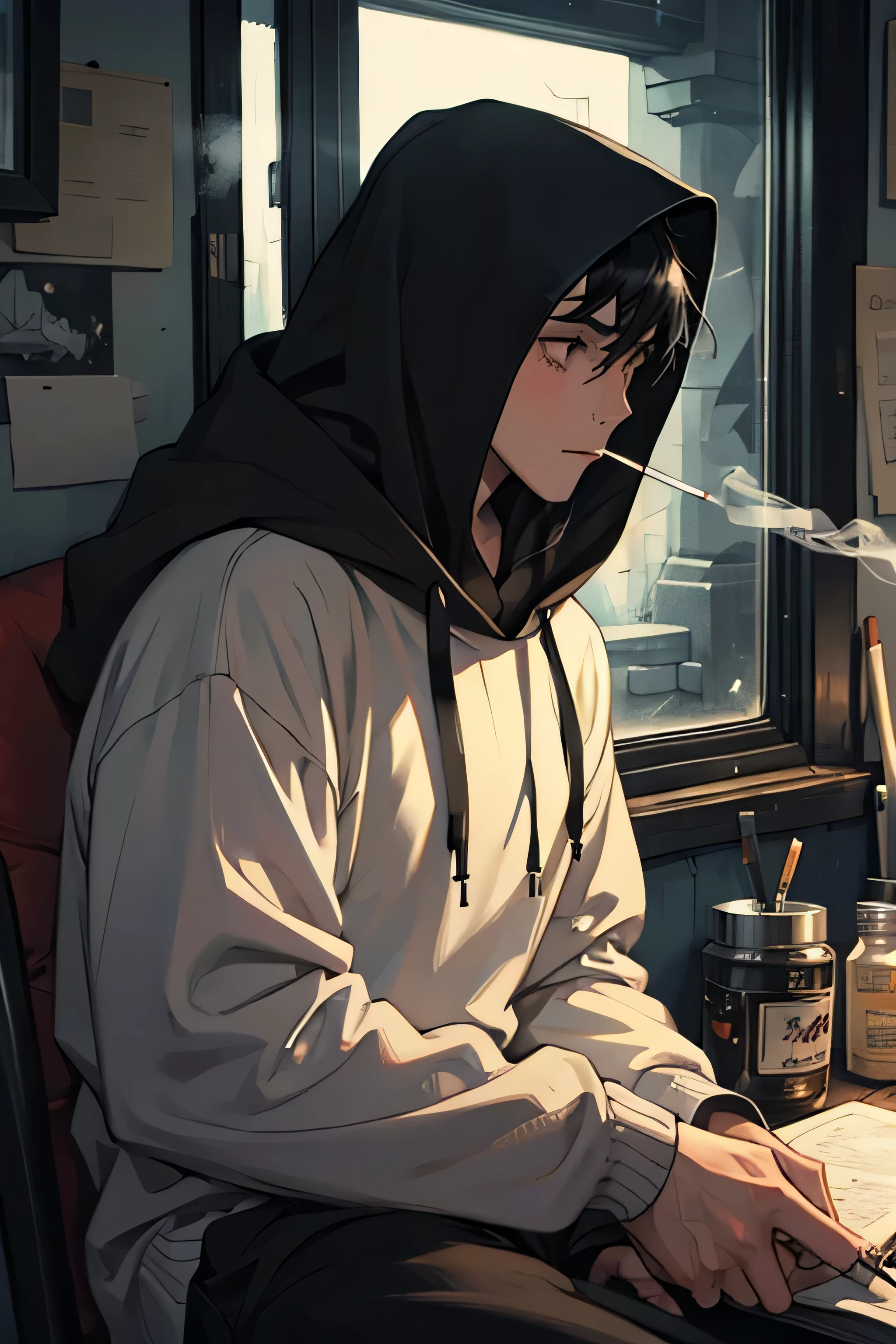 young artist in a hood is sad, boy, The Hooded Man, artist paints on the window, The Night and the Stars, smokes a cigarette, cigarette smoke, Black hair, melancholy