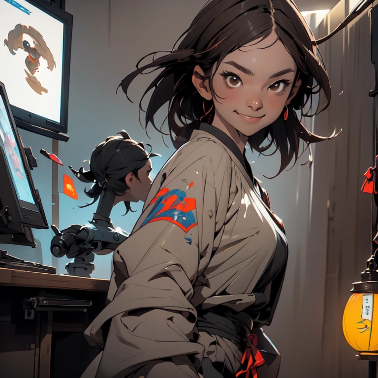 !Chill! Smile!, A young sexy girl of 20 years - Ronin, has a normal build, brown color, and African hair, he is not so gigantic, he smiles in a Kill Bill tracksuit and an anti-blue light, inspired by Maxzen. Shoulder armor, sheathed katana, dojo in the background, night setting, Cool comic style - Maxzen, Japanese manga. Ross drawing and Krenz diagram, illustration, composition sketch / Color portrait Young sexy girl 20 years old. Modern style, comics, Japanese manga, cyberpunk, future, color shades, rich colors. 2_In the background there is a server, a dojo in the background, a night setting, wires, light bulbs, lanterns, lighting, and robots. 3_High image quality, 4K | Ultra HD | Full HD, cinematic comic book, 3D visualization_in comic book style - linear stroke, color fill, high-quality stroke - a masterpiece, TOP computer graphics ART. 8K, dark lighting, strong shadow. (vivid, anime, comic, creative, sharp focus, 8K). High detail of the drawing, lines, high-quality background (shades of cool tones, red, yellow warm highlights, side lighting), cyberpunk, and futurism. Film grains, dust, and particles in the air.
