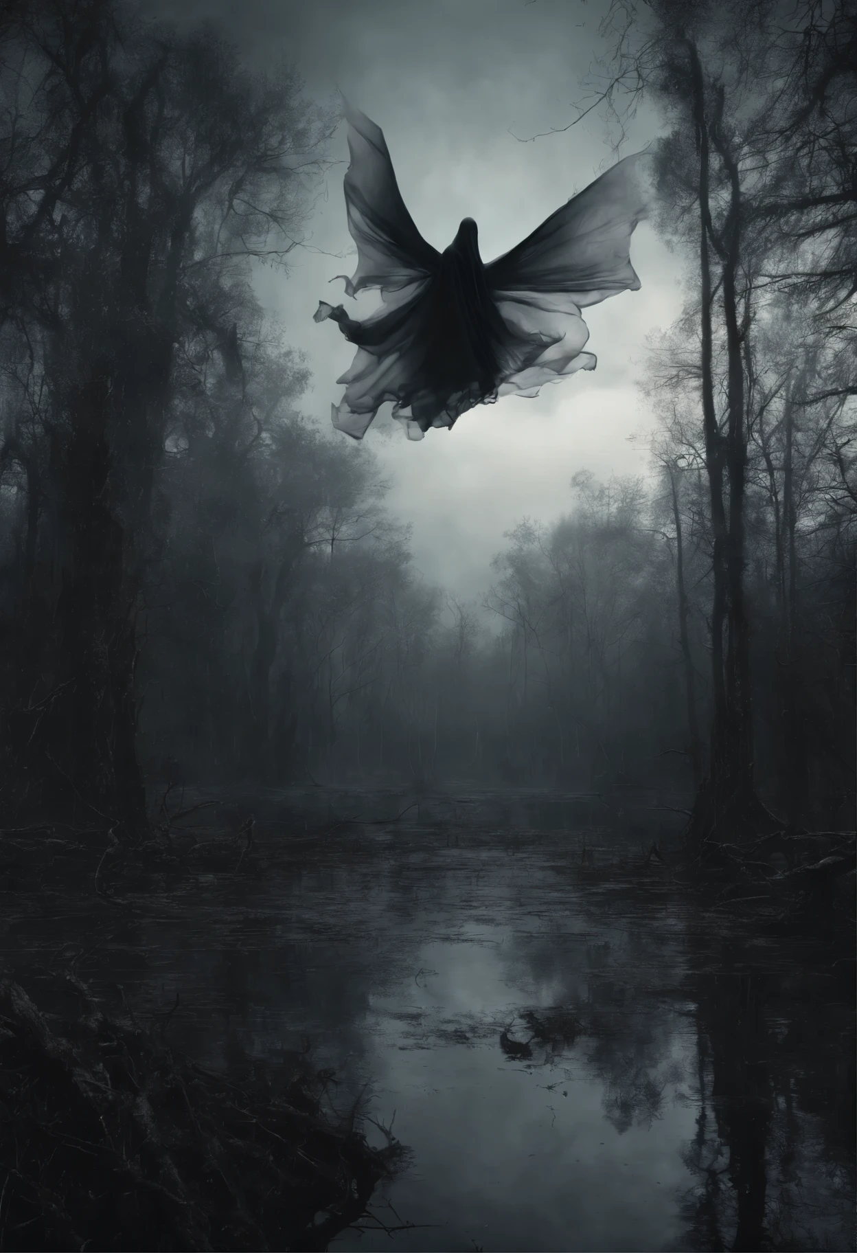 ((a dark ethereal ghost flies over a swampy forest):1.5), the ruins of an ancient watchtower in the background, (Best Quality, 16K, Masterpiece, UHD:1.3, Huge detail, hyper realistic, epic scale, insane level of details)
