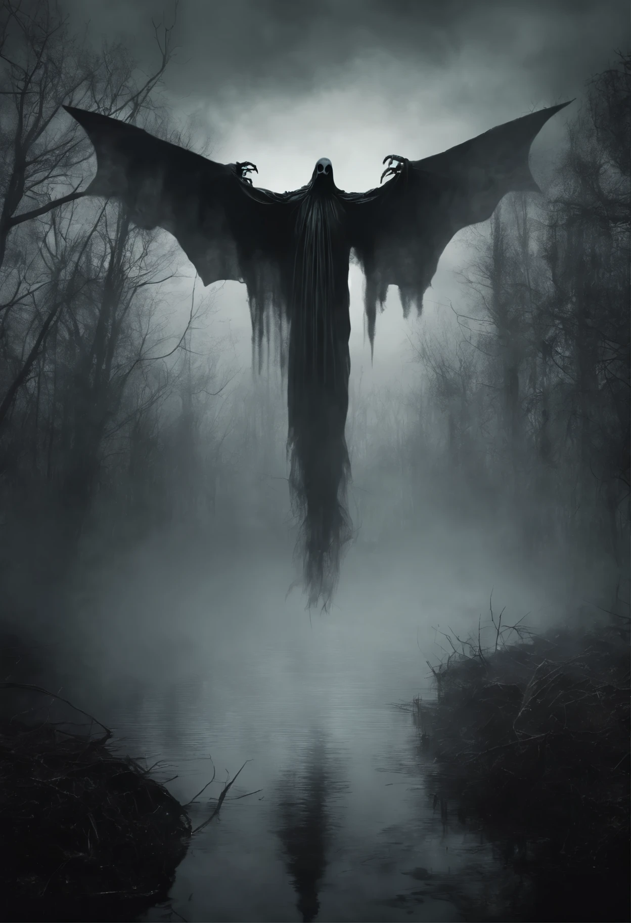 ((a dark ethereal ghost flies over a swampy forest):1.5), the ruins of an ancient watchtower in the background, (Best Quality, 16K, Masterpiece, UHD:1.3, Huge detail, hyper realistic, epic scale, insane level of details)