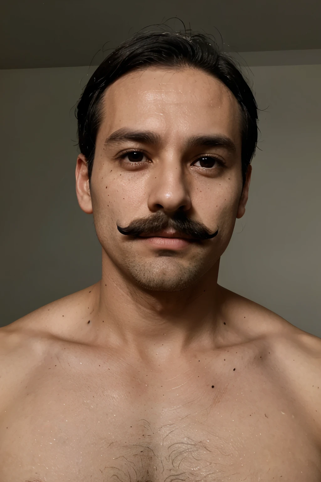 thirty-eight years old, moustache, a mole spot on his right cheek, light forehead, sparse and black hair, thin body, thick lips, male