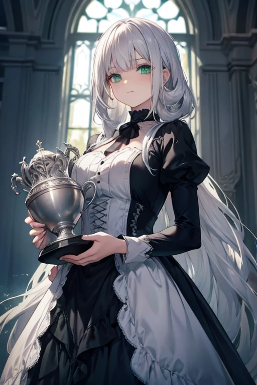 A silver haired young woman with green eyes in gothic clothing is holding a giant silver trophy