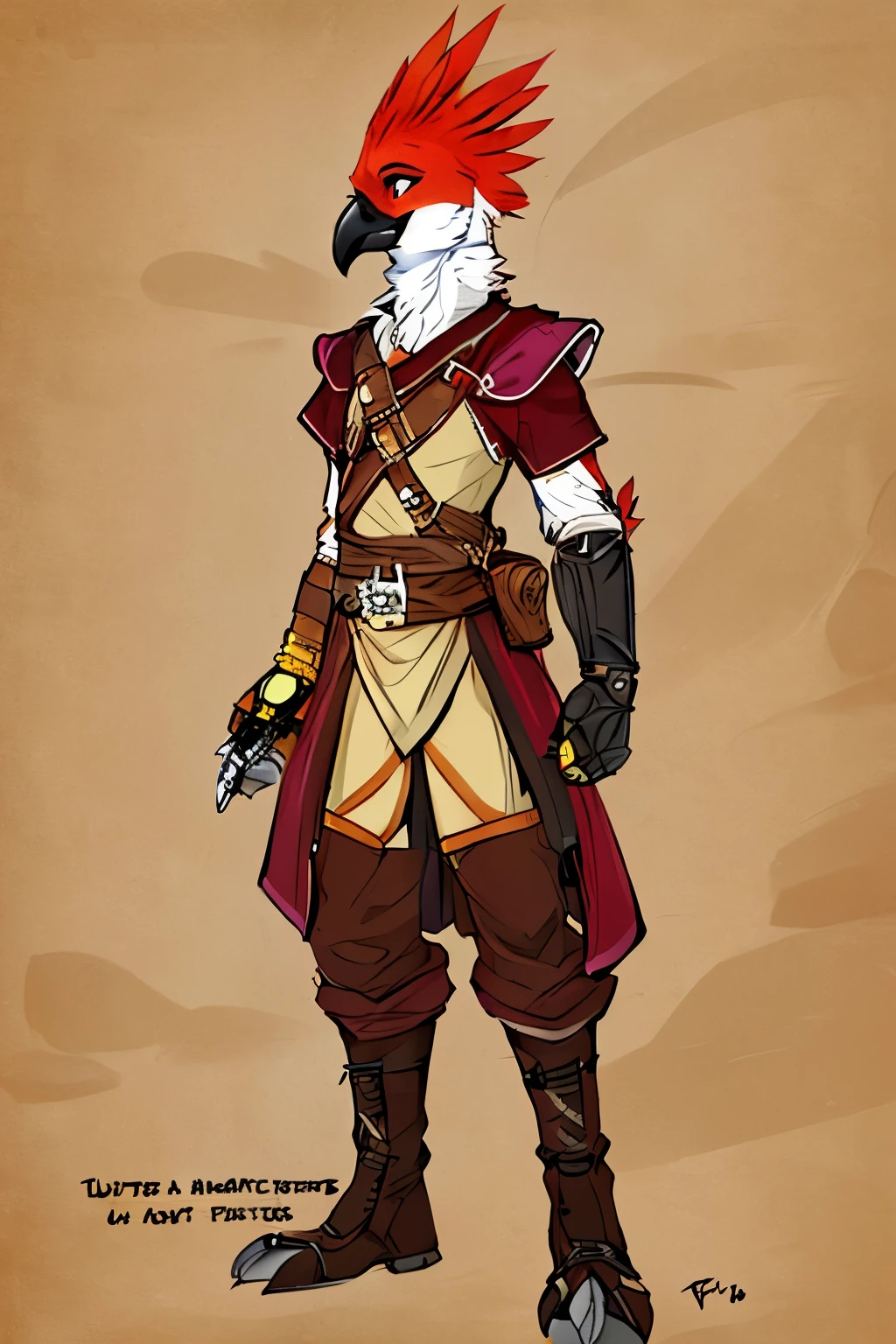 (Master piece, high res), by fluff-Kevlar, anthro male avian, adventurer, simple clothing, colored sketch, flat color, simple background, prosthetic arm, neat coloring,