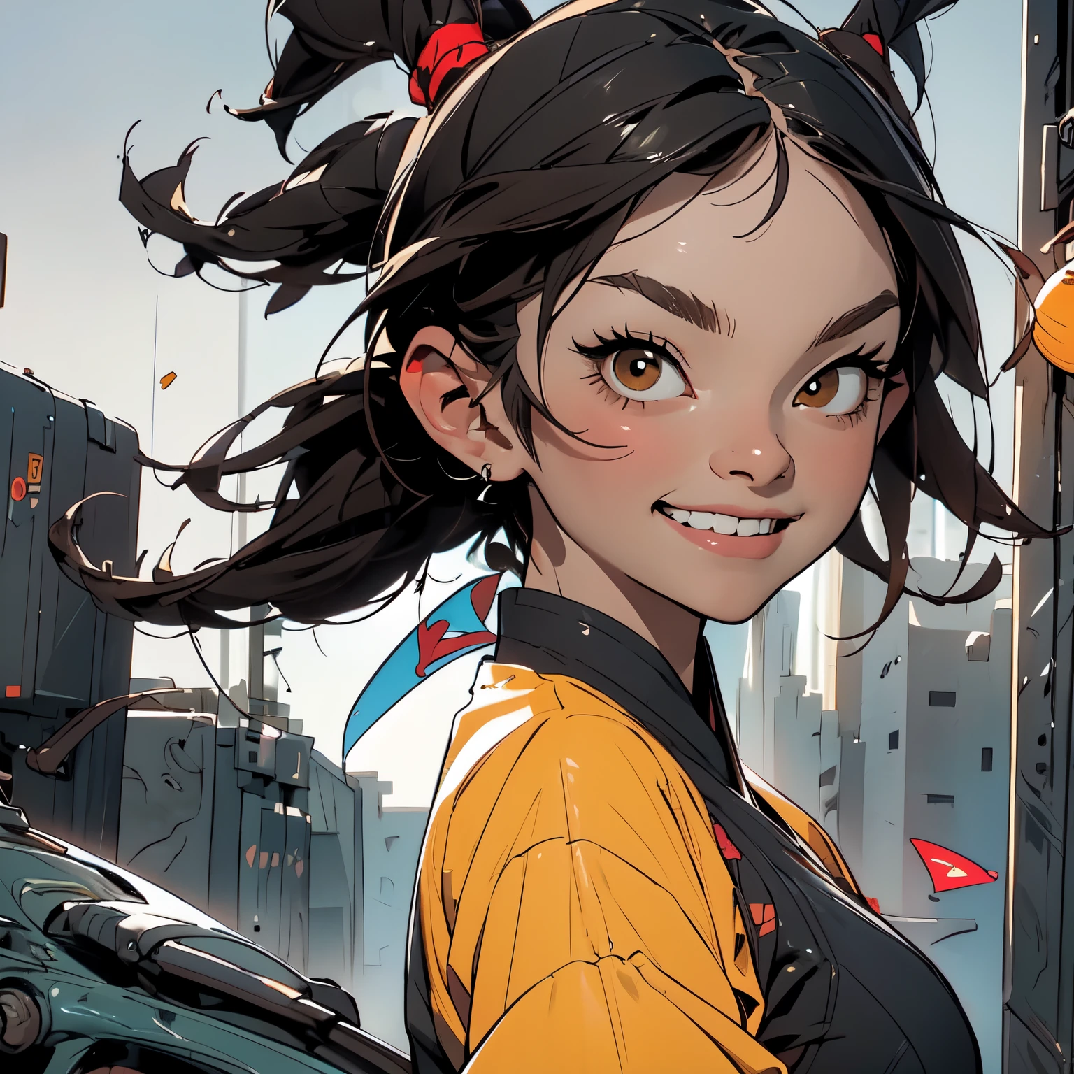 !Chill! Smile!, A young sexy girl of 20 years - Ronin, has a normal build, brown color, and African hair, he is not so gigantic, he smiles in a Kill Bill tracksuit and an anti-blue light, inspired by Maxzen. Shoulder armor, sheathed katana, dojo in the background, night setting, Cool comic style - Maxzen, Japanese manga. Ross drawing and Krenz diagram, illustration, composition sketch / Color portrait Young sexy girl 20 years old. Modern style, comics, Japanese manga, cyberpunk, future, color shades, rich colors. 2_In the background there is a server, a dojo in the background, a night setting, wires, light bulbs, lanterns, lighting, and robots. 3_High image quality, 4K | Ultra HD | Full HD, cinematic comic book, 3D visualization_in comic book style - linear stroke, color fill, high-quality stroke - a masterpiece, TOP computer graphics ART. 8K, dark lighting, strong shadow. (vivid, anime, comic, creative, sharp focus, 8K). High detail of the drawing, lines, high-quality background (shades of cool tones, red, yellow warm highlights, side lighting), cyberpunk, and futurism. Film grains, dust, and particles in the air.