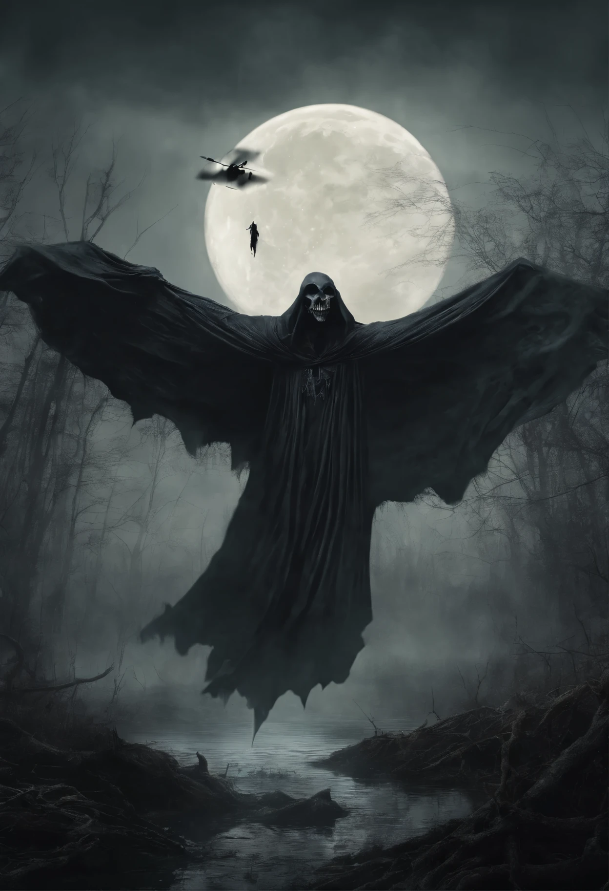 ((a dark ethereal ghost flies over a swampy forest):1.5), the ruins of an ancient {watchtower | castle} in the background, night, moon, (Best Quality, 16K, Masterpiece, UHD:1.3, Huge detail, hyper realistic, epic scale, insane level of details)