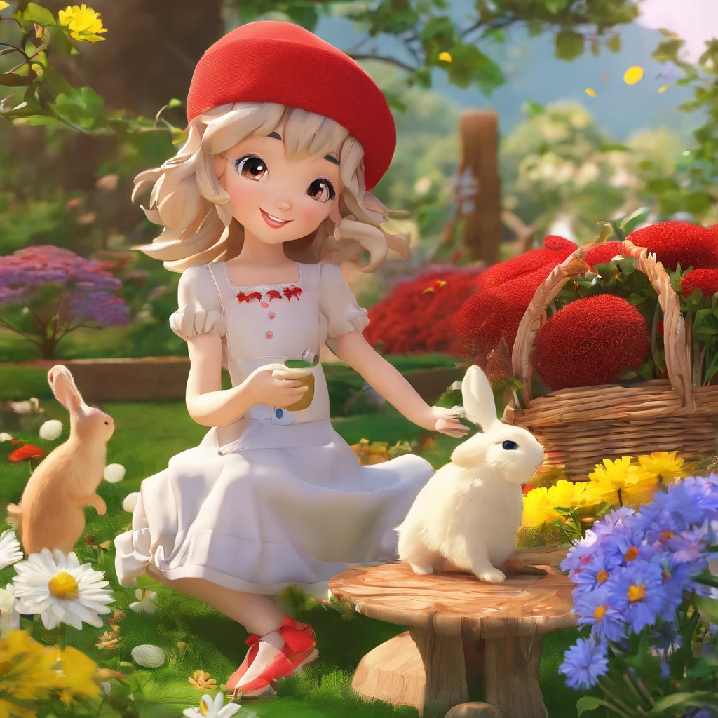 ((fairy tale)), ((Red knitted hat)), ((European face)), ((girl)), ((white apron)), (vintage women's costume), basket of pies, girl идёт по лесной тропинке, girls around цветы, ((quality zinnias)), Chamomile, Cornflowers, girls around ((Hares)), forest animals on the path, Proteins, ((birds)), girl несёт корзинку в одной руке и букет лесных цветов в другой руке, The girl has a quality body, ((high-quality face)), The girl is wearing a fancy dress, there is a dense beautiful forest around