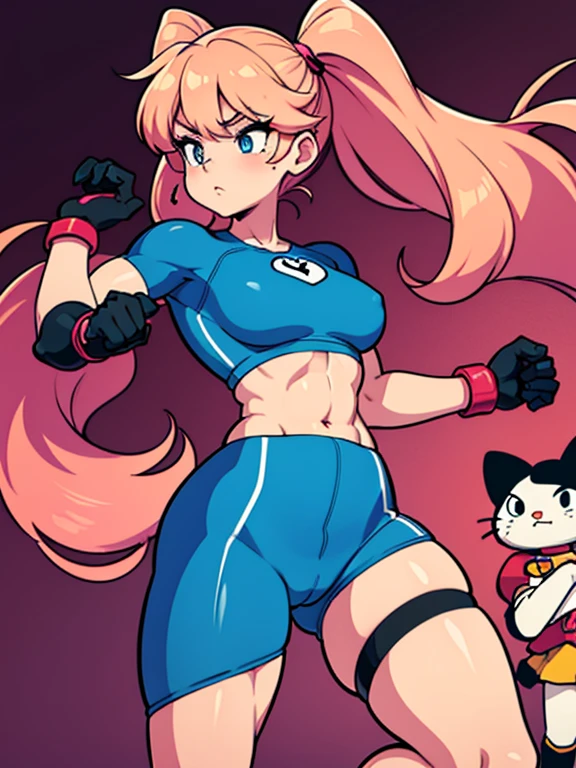 pernas grandes e fortes Hello Kitty, reimagining her with defined muscles and an athletic posture. deixe ela confiante e poderosa, add elements that highlight your physical strength. Vista a Hello Kitty com roupas esportivas elegantes, suggesting a fusion between cuteness and power. Explore details like sculpted muscles, confident expression and perhaps accessories that highlight the fitness theme, creating a unique image that conveys a motivating and sporty vibe. foco em pernas grandes e fortes