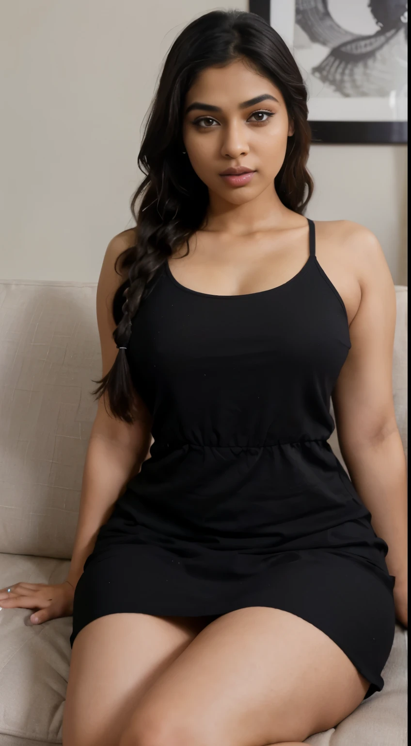 ultra-realistic photographs,Indian Instagram female model,mid 20s,9:16,mid-shot,beautiful detailed eyes,detailed lips,long eyelashes,black braided hair, naturally full eyebrows,perfectly formed nose,expressive face,attractive appearance,candid photo,vibrant and colorful solo,wide thighs, sexy dress, sitting on couch, looking at viewer, thick thighs, wide hips, detailed skin, perfect legs, perfect thighs