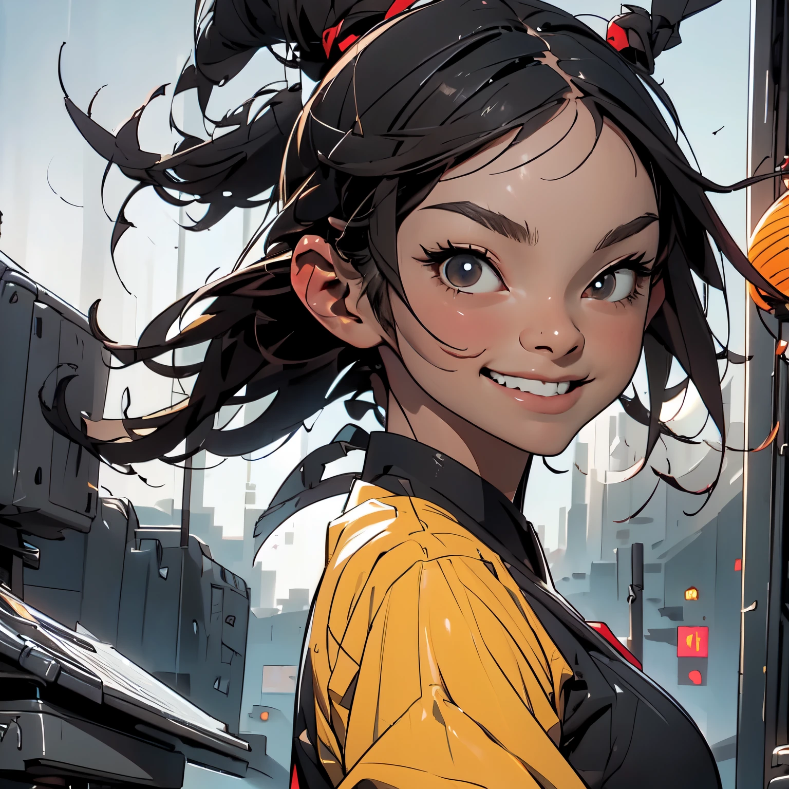 !Chill! Smile!, A young sexy girl of 20 years - Ronin, has a normal build, brown color, and African hair, he is not so gigantic, he smiles in a Kill Bill tracksuit and an anti-blue light, inspired by Maxzen. Shoulder armor, sheathed katana, dojo in the background, night setting, Cool comic style - Maxzen, Japanese manga. Ross drawing and Krenz diagram, illustration, composition sketch / Color portrait Young sexy girl 20 years old. Modern style, comics, Japanese manga, cyberpunk, future, color shades, rich colors. 2_In the background there is a server, a dojo in the background, a night setting, wires, light bulbs, lanterns, lighting, and robots. 3_High image quality, 4K | Ultra HD | Full HD, cinematic comic book, 3D visualization_in comic book style - linear stroke, color fill, high-quality stroke - a masterpiece, TOP computer graphics ART. 8K, dark lighting, strong shadow. (vivid, anime, comic, creative, sharp focus, 8K). High detail of the drawing, lines, high-quality background (shades of cool tones, red, yellow warm highlights, side lighting), cyberpunk, and futurism. Film grains, dust, and particles in the air.