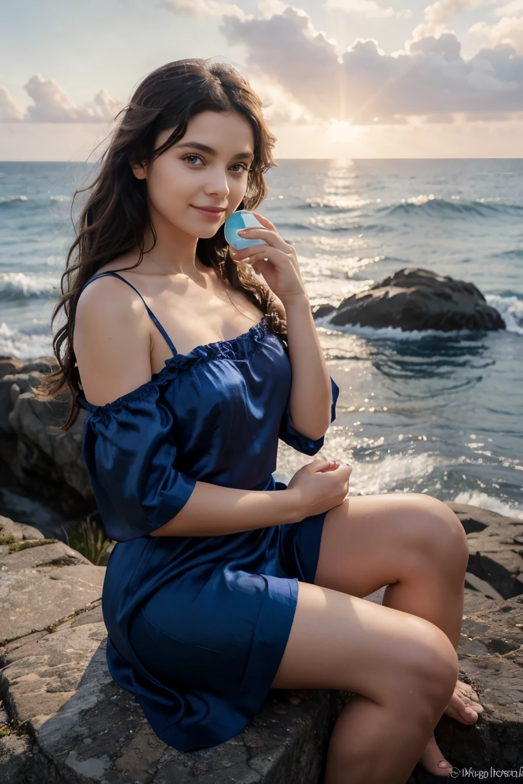 A very beautiful girl with curly dark hair and very large eyes, in a blue silk dress, holds a face cream in her hands, looks at it and smiles slightly. She sits on a rock by the ocean. Early morning, the rising Sun plays with rays in the girl’s hair. Cinematic frame, Hasselblad X2D, Vogue edition, ultra-detailed, photorealistic, 3:4 scale, version 5.2.