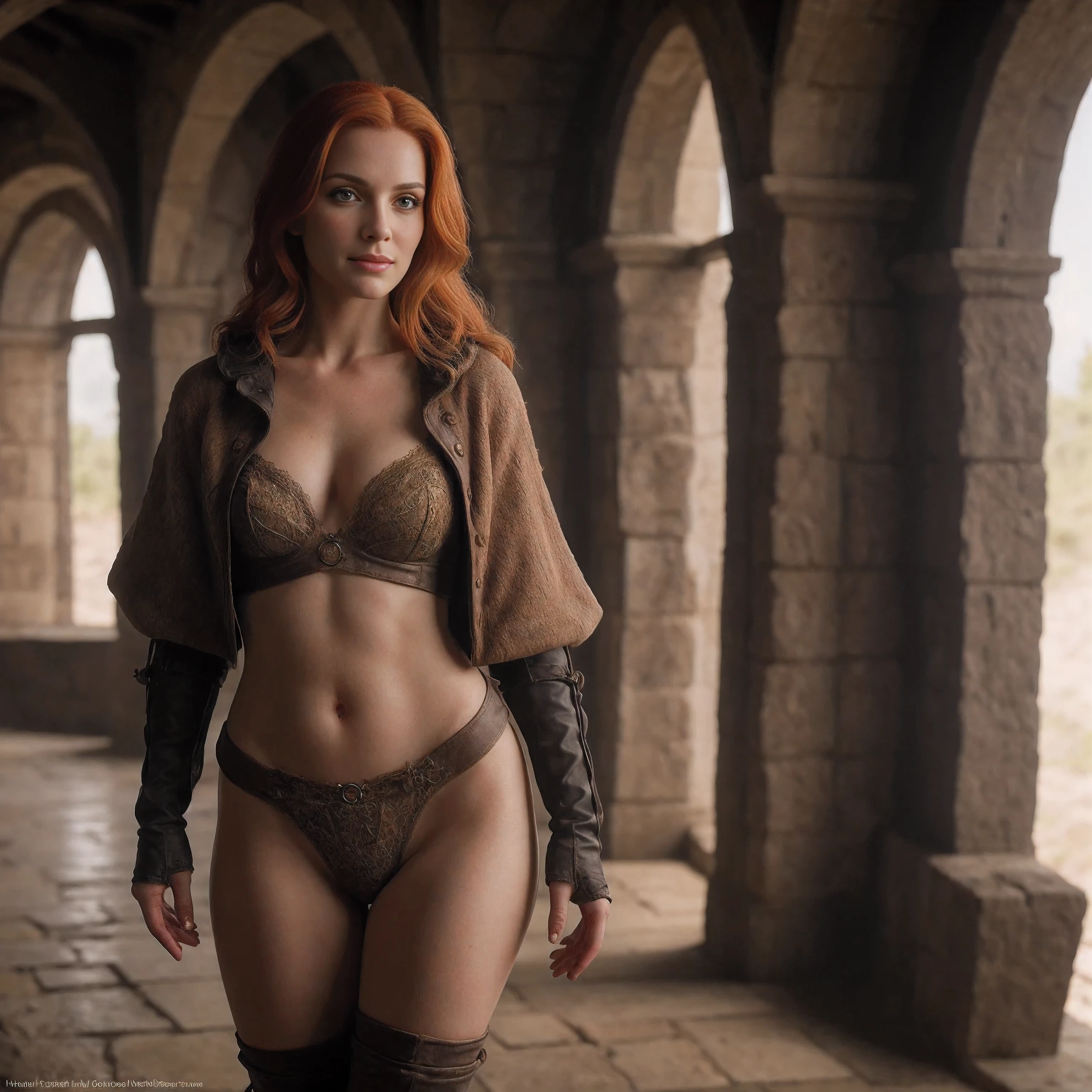 (Realistic:1.2), analog photo, RAW, sorceress woman with ginger hair and minuscule clothes, Triss Merigold, fantasy setting in "The Witcher" style, full body, soft natural light, Cute and sexy, pleasure, detailed face and eyes, Great quality, masterpiece, detailed fantasy background with medieval environment, Quality: 16K