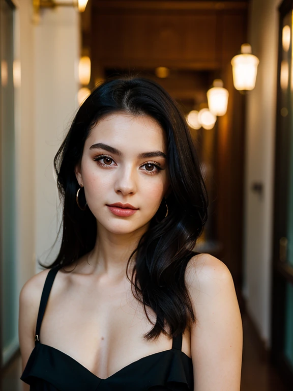 Portrait of 1 young 20yo woman, black hair, wearing colorful dress, perfect eyebrow, perfect lips, perfect nose, professional color graded, wonderful woman, cute russian woman, sharp focus, long hair