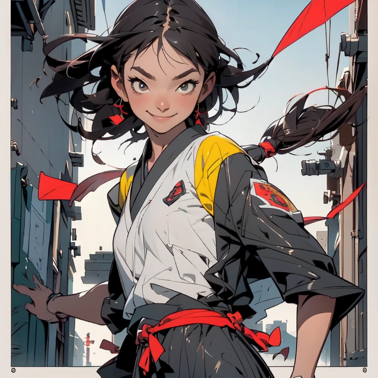 !Chill! Smile!, A young sexy girl of 20 years - Ronin, has a normal build, brown color, and African hair, he is not so gigantic, he smiles in a Kill Bill tracksuit and an anti-blue light, inspired by Maxzen. Shoulder armor, sheathed katana, dojo in the background, night setting, Cool comic style - Maxzen, Japanese manga. Ross drawing and Krenz diagram, illustration, composition sketch / Color portrait Young sexy girl 20 years old. Modern style, comics, Japanese manga, cyberpunk, future, color shades, rich colors. 2_In the background there is a server, a dojo in the background, a night setting, wires, light bulbs, lanterns, lighting, and robots. 3_High image quality, 4K | Ultra HD | Full HD, cinematic comic book, 3D visualization_in comic book style - linear stroke, color fill, high-quality stroke - a masterpiece, TOP computer graphics ART. 8K, dark lighting, strong shadow. (vivid, anime, comic, creative, sharp focus, 8K). High detail of the drawing, lines, high-quality background (shades of cool tones, red, yellow warm highlights, side lighting), cyberpunk, and futurism. Film grains, dust, and particles in the air.