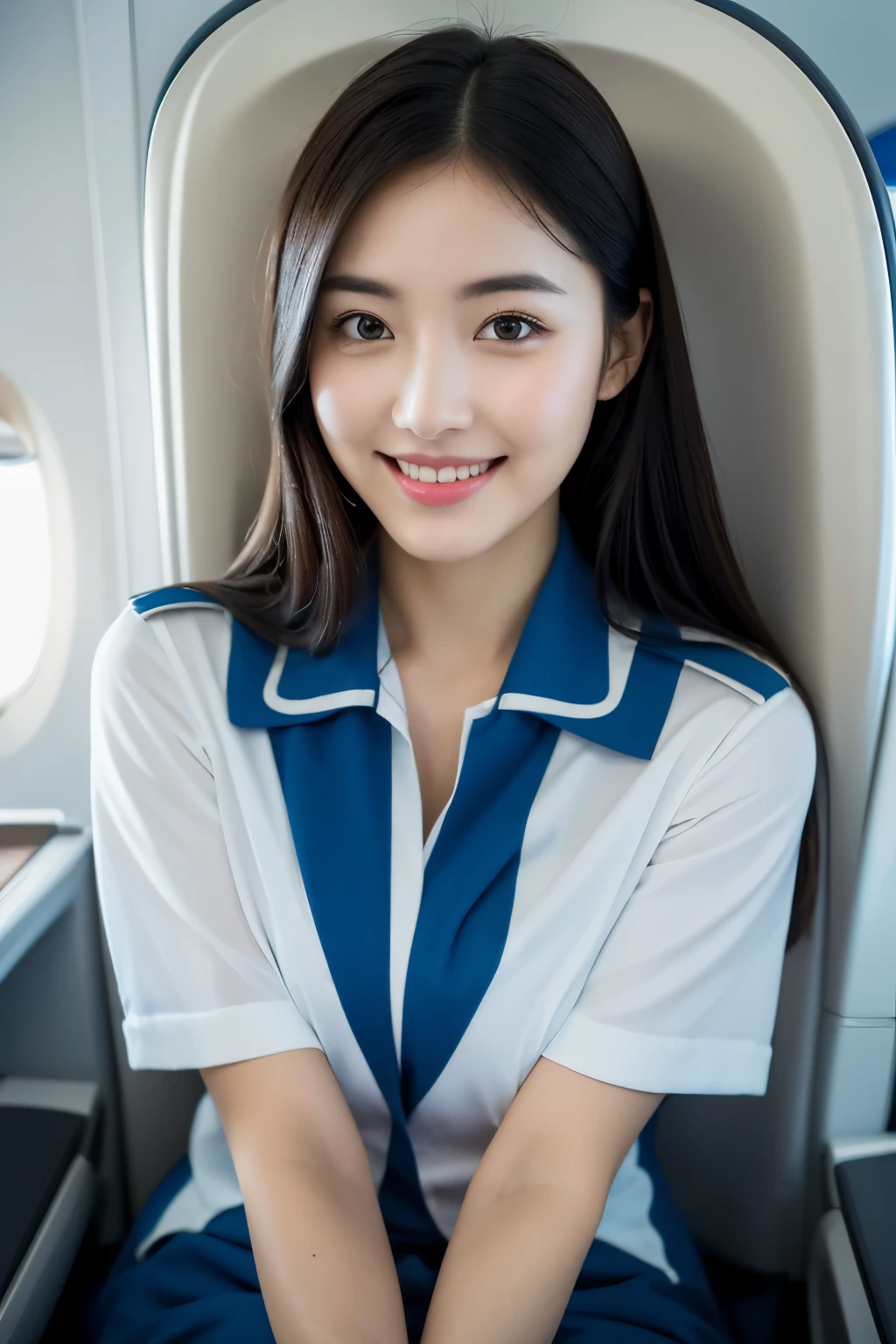 highest quality, masterpiece, 8K, ultra high resolution, (realistic: 1.4), 1 girl, beautiful face, symmetrical eyes, big, perfect body proportions, Stewardess, Viewer's line of sight, (On the plane: 1.2), beautiful feet,smile