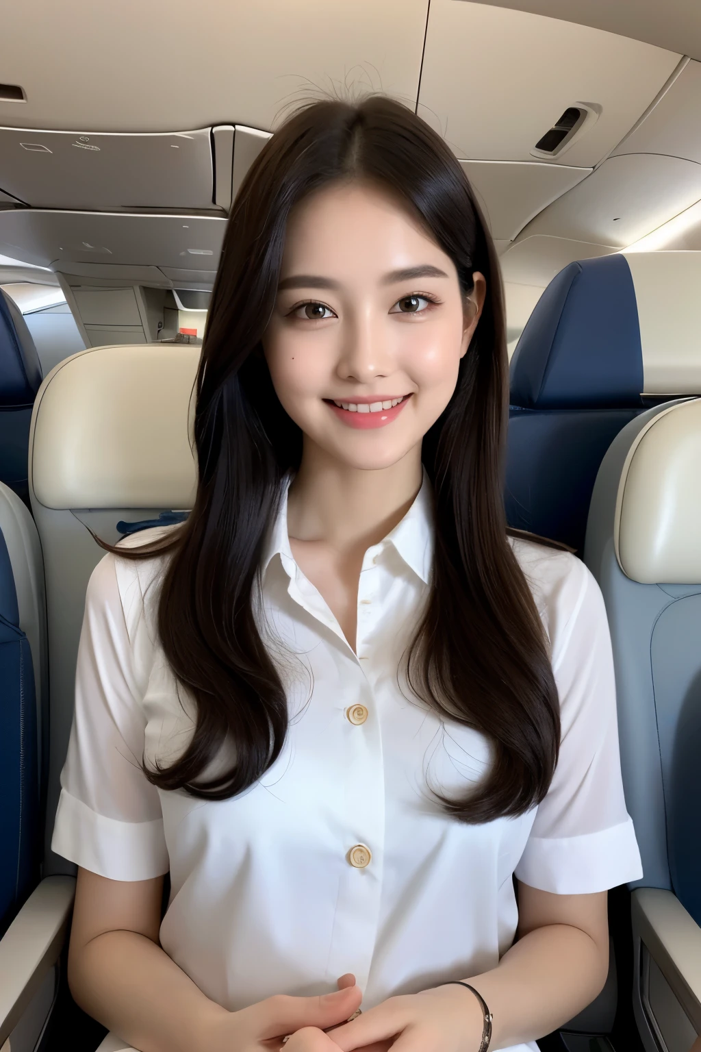 highest quality, masterpiece, 8K, ultra high resolution, (realistic: 1.4), 1 girl, beautiful face, symmetrical eyes, big, perfect body proportions, Stewardess, Viewer's line of sight, (On the plane: 1.2), beautiful feet,smile