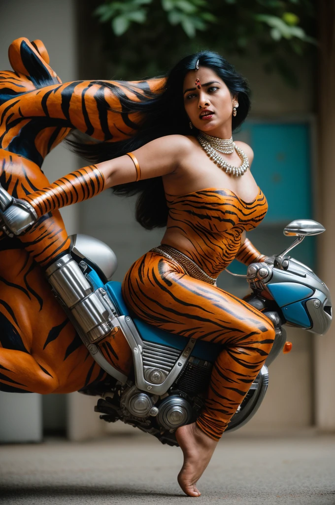 Detailed photography Marvel Comic photo, with beautiful details and clean finishing: Indian Hindu Goddess. She has FOUR Hands. She is wearing Jewelry, She is riding on a Wild Tiger. Tiger ir Roaring. Action Shot. Dynamic Movement and Perspective. Pop Colors. Roy Lichtenstein. DC Comics. Marvel Comics. Style of Roy Lichtenstein and John Byrne and Style of Yayoi Kusama. very detailed and photorealistic, sharp focus, ultra realistic, ultra detailed, cinematic lighting, photographic, Eastman Kodak Color Negative film 5251 50T shot on panavision super p style raw
