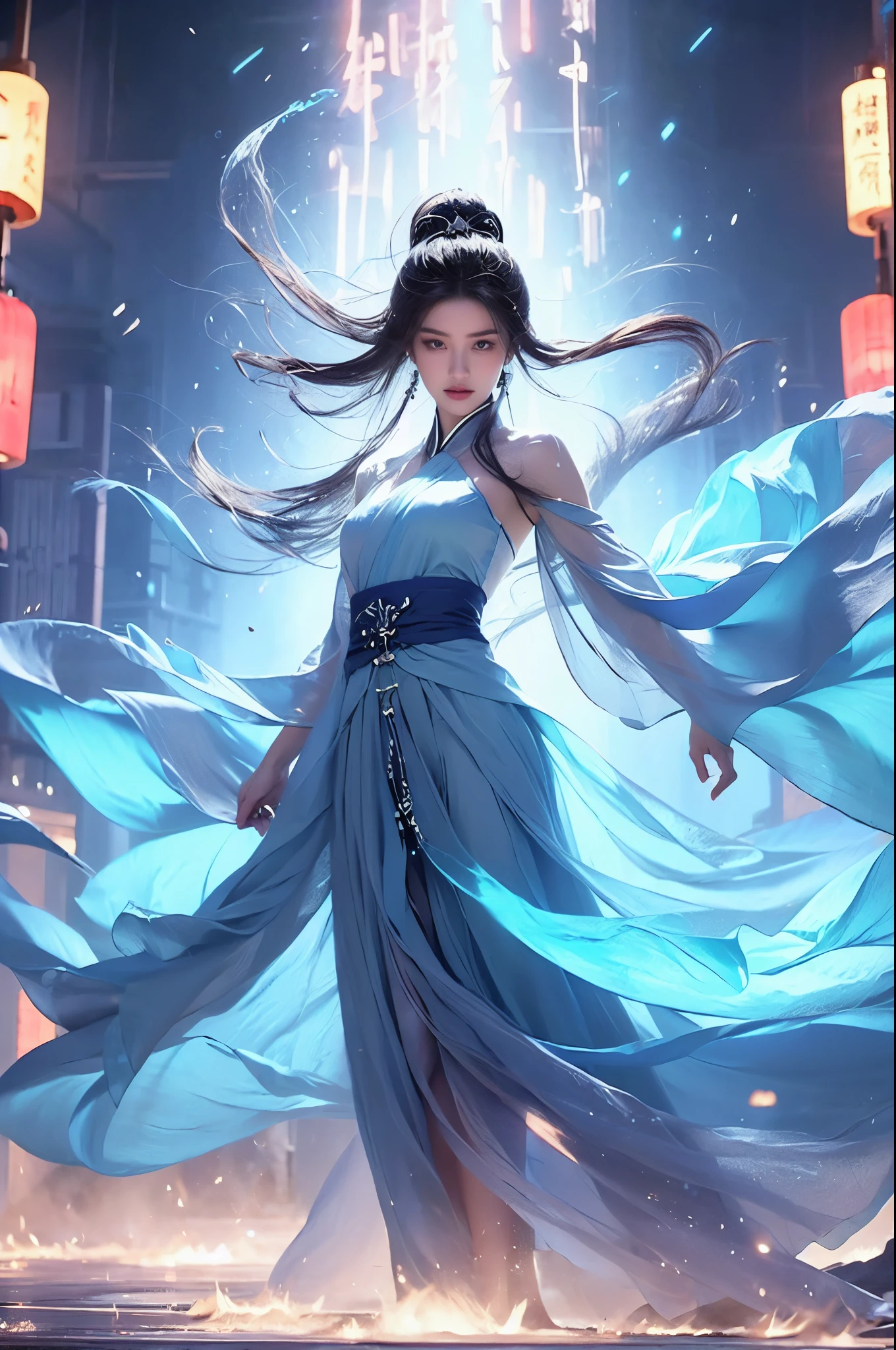 best quality, masterpiece:1.2, 8k, flowing energy, glowing hair, 1girl,elegant, black long hair, floating energy scroll, pink eyes, dynamic pose (in Chinese), Hanfu:1.2, glowing text, transparent text, energy particles, energy fluid, dawn, blue energy, light particle effects