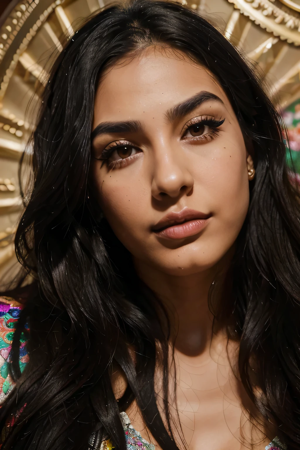 25-year-old Mexican-American woman, langes, welliges schwarzes Haar, big beautiful eyes, dunkler Lidschatten, dunkle dichte Augenbrauen, thin nose, Nasenring, saftige Lippen, hohe Wangenknochen, Nahaufnahme des Gesichts, Super detailliert, 8 Tausend, ausgefeilte maximalistische Details, Extremely detailed, Meisterwerk