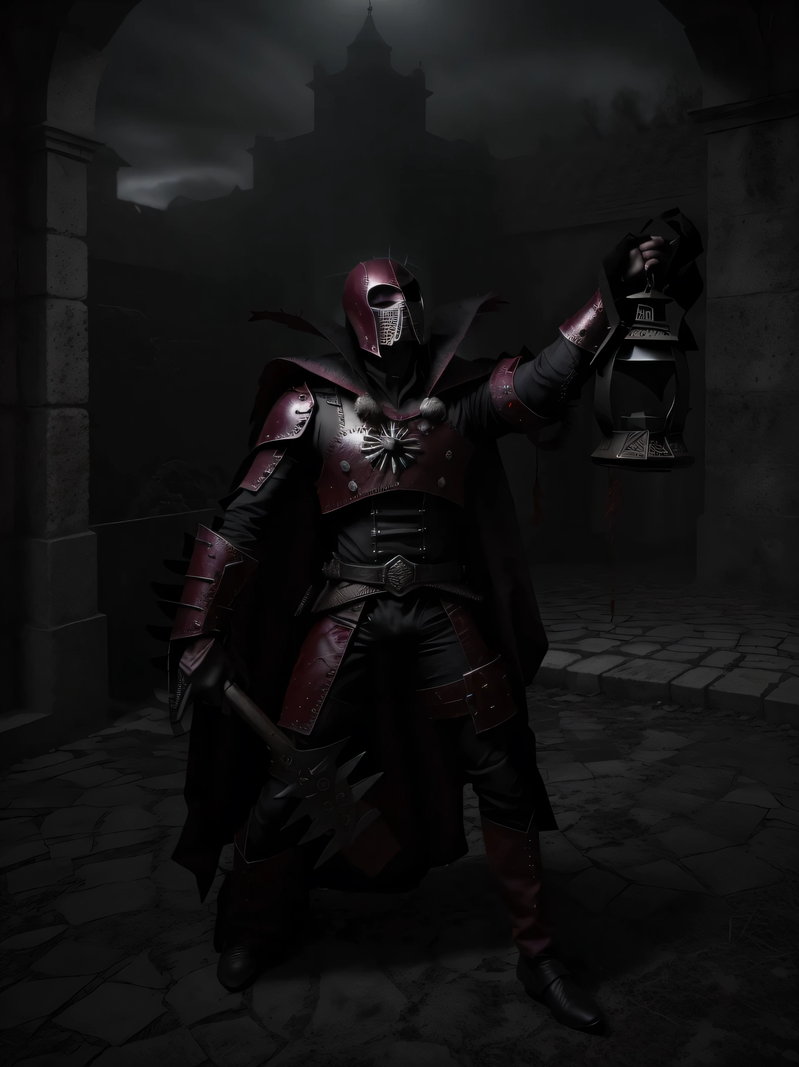 Create a male character with a look inspired by the Hellraiser franchise who wears a Petra-colored leather outfit with red parts and has parts that resemble armor and the outfit covers his entire body and wears a leather helmet and has spikes coming out of his face and shoulders and wears a mask and is inspired by the Marvel character Penance. 