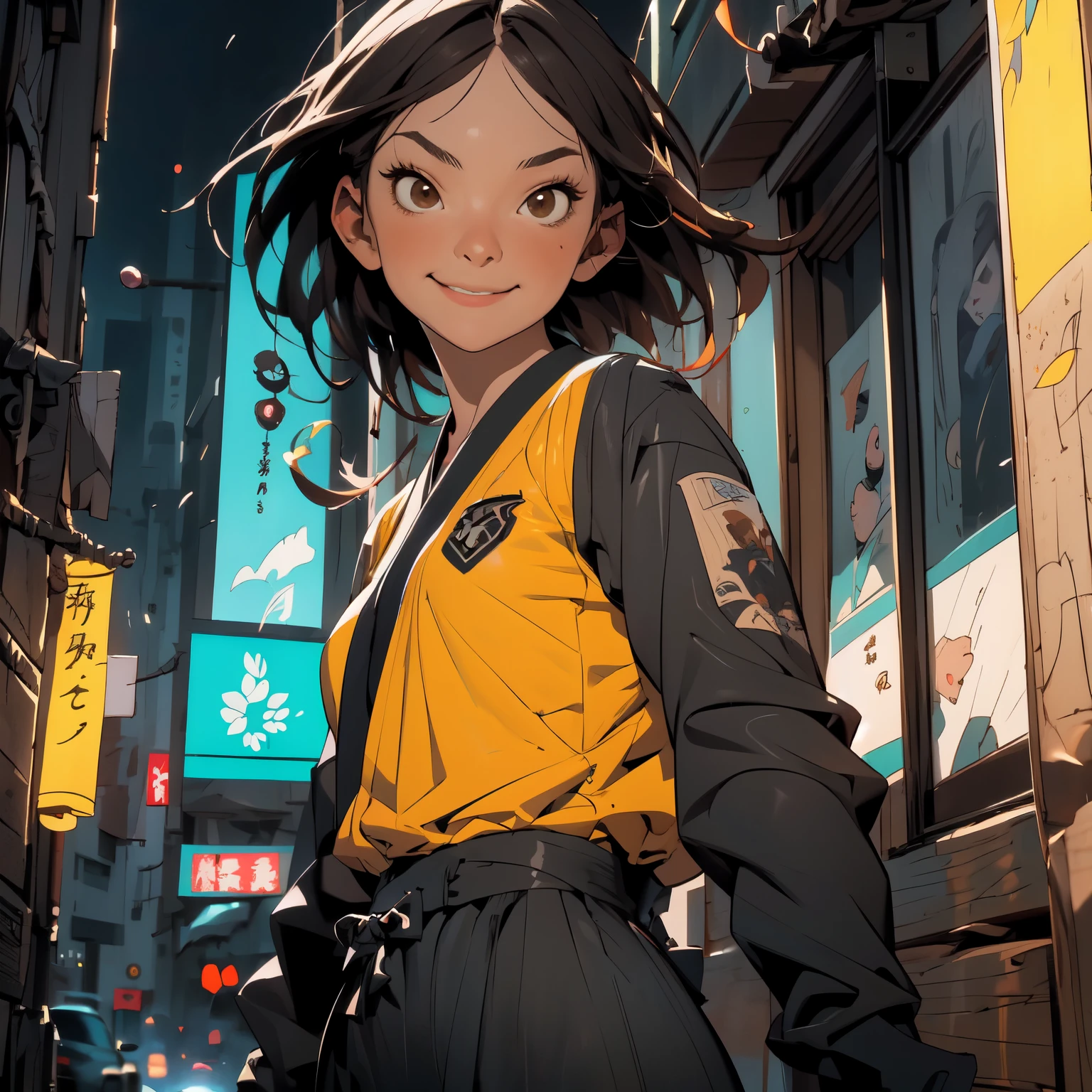 !Chill! Smile!, A young sexy girl of 20 years - Ronin, has a normal build, brown color, and African hair, he is not so gigantic, he smiles in a Kill Bill tracksuit and an anti-blue light, inspired by Maxzen. Shoulder armor, sheathed katana, dojo in the background, night setting, Cool comic style - Maxzen, Japanese manga. Ross drawing and Krenz diagram, illustration, composition sketch / Color portrait Young sexy girl 20 years old. Modern style, comics, Japanese manga, cyberpunk, future, color shades, rich colors. 2_In the background there is a server, a dojo in the background, a night setting, wires, light bulbs, lanterns, lighting, and robots. 3_High image quality, 4K | Ultra HD | Full HD, cinematic comic book, 3D visualization_in comic book style - linear stroke, color fill, high-quality stroke - a masterpiece, TOP computer graphics ART. 8K, dark lighting, strong shadow. (vivid, anime, comic, creative, sharp focus, 8K). High detail of the drawing, lines, high-quality background (shades of cool tones, red, yellow warm highlights, side lighting), cyberpunk, and futurism. Film grains, dust, and particles in the air.