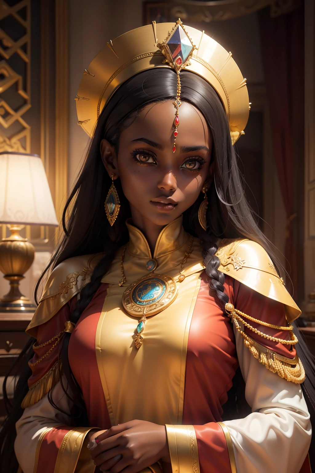 An award-winning photo of an Ethiopian princess age 20represented in taking a close-up in her bedroom in the Royal Palace, perfect face, face details, full clothes, with edge lighting, dual-tone lighting, sharp focus, bright colors, saturated with gas, realistic, professionally lit, full body, high-resolution details
