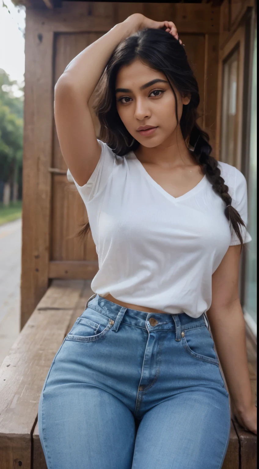 ultra-realistic photographs,Indian Instagram female model,mid 20s,9:16,mid-shot,beautiful detailed eyes,detailed lips,long eyelashes,black braided hair, naturally full eyebrows,perfectly formed nose,expressive face,attractive appearance,candid photo,vibrant and colorful solo,wide thighs, white shirt, blue jeans, selfie, looking at camera, armpit, detailed skin, perfect legs, perfect thighs