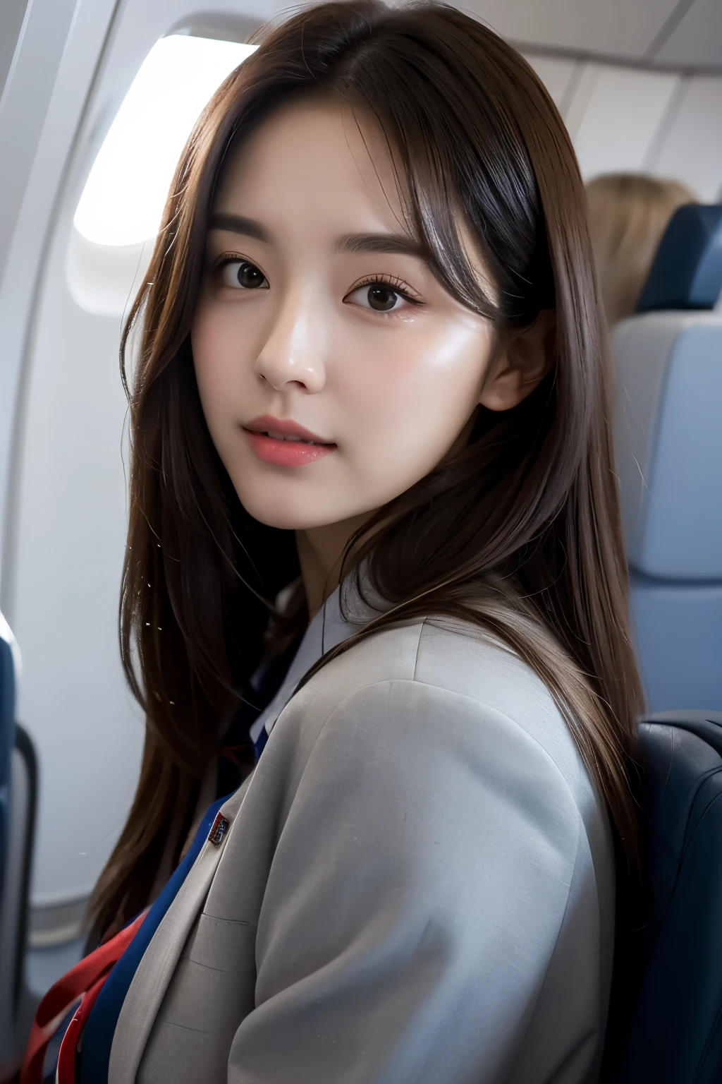 highest quality, masterpiece, 8K, ultra high resolution, (realistic: 1.4), 1 girl, beautiful face, symmetrical eyes, big, perfect body proportions, Stewardess, Viewer's line of sight, (On the plane: 1.2), Front view, Shoulder jumping, Absolute area (1.3),