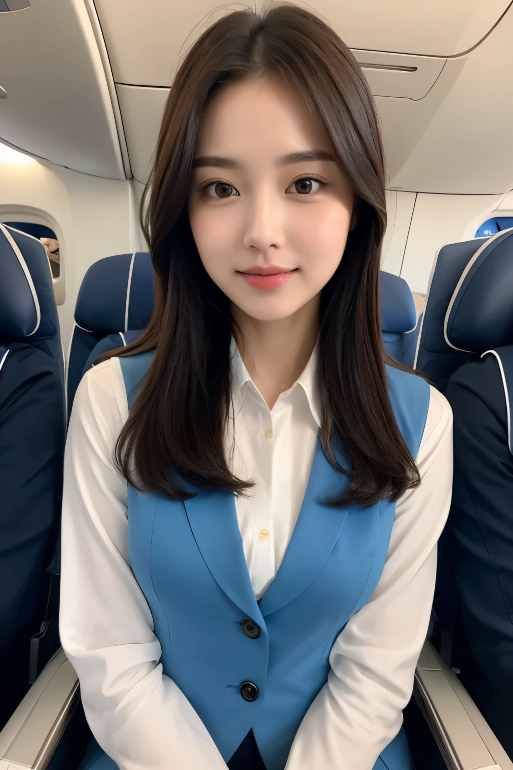 highest quality, masterpiece, 8K, ultra high resolution, (realistic: 1.4), 1 girl, beautiful face, symmetrical eyes, big, perfect body proportions, Stewardess, Viewer&#39;s line of sight, (On the plane: 1.2), Front view, Shoulder jumping, Absolute area (1.3),