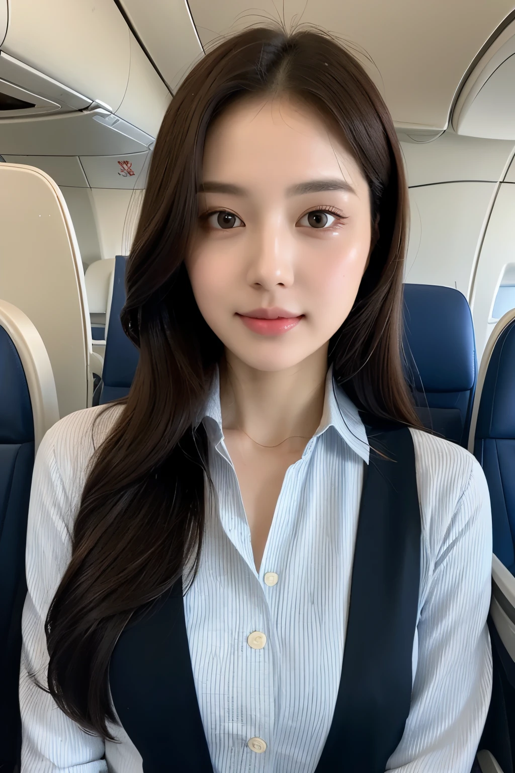 highest quality, masterpiece, 8K, ultra high resolution, (realistic: 1.4), 1 girl, beautiful face, symmetrical eyes, big, perfect body proportions, Stewardess, Viewer's line of sight, (On the plane: 1.2), Front view, Shoulder jumping, Absolute area (1.3),