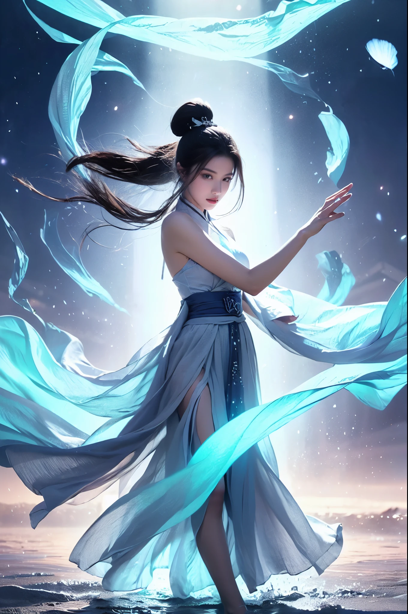 best quality, masterpiece:1.2, 8k, flowing energy, glowing hair, 1girl,elegant, black long hair, floating energy scroll, pink eyes, dynamic pose (in Chinese), Hanfu:1.2, glowing text, transparent text, energy particles, energy fluid, dawn, blue energy, light particle effects