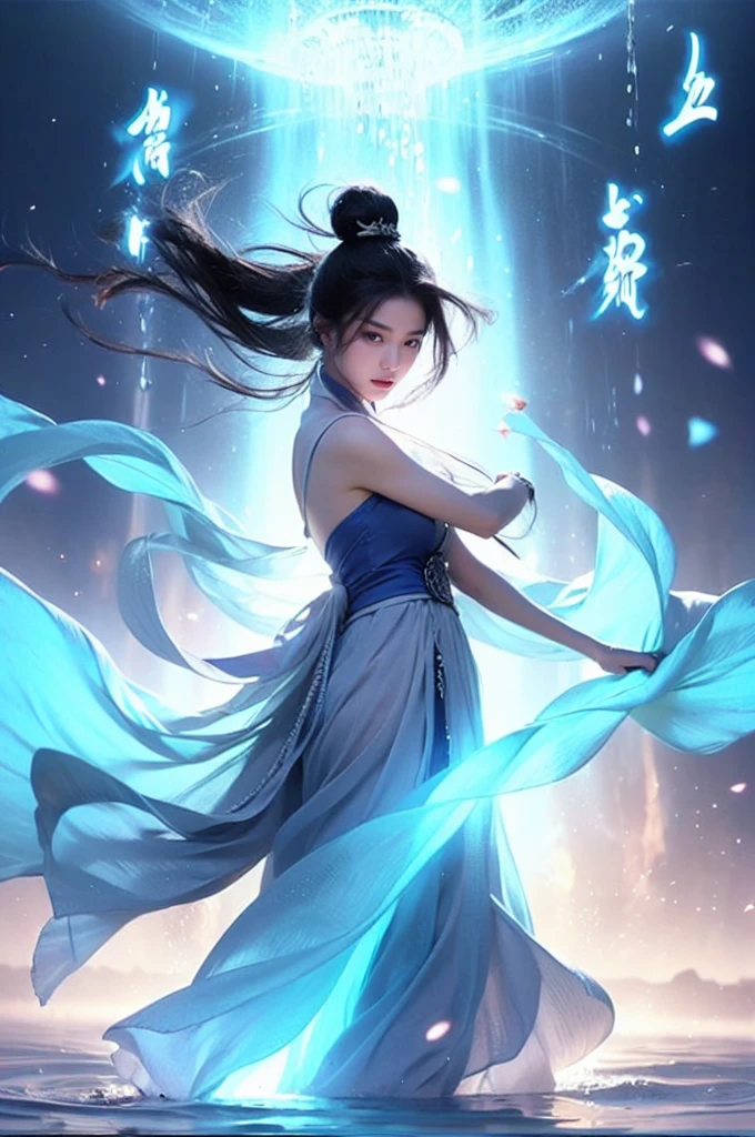 best quality, masterpiece:1.2, 8k, flowing energy, glowing hair, 1girl,elegant, black long hair, floating energy scroll, pink eyes, dynamic pose (in Chinese), Hanfu:1.2, glowing text, transparent text, energy particles, energy fluid, dawn, blue energy, light particle effects