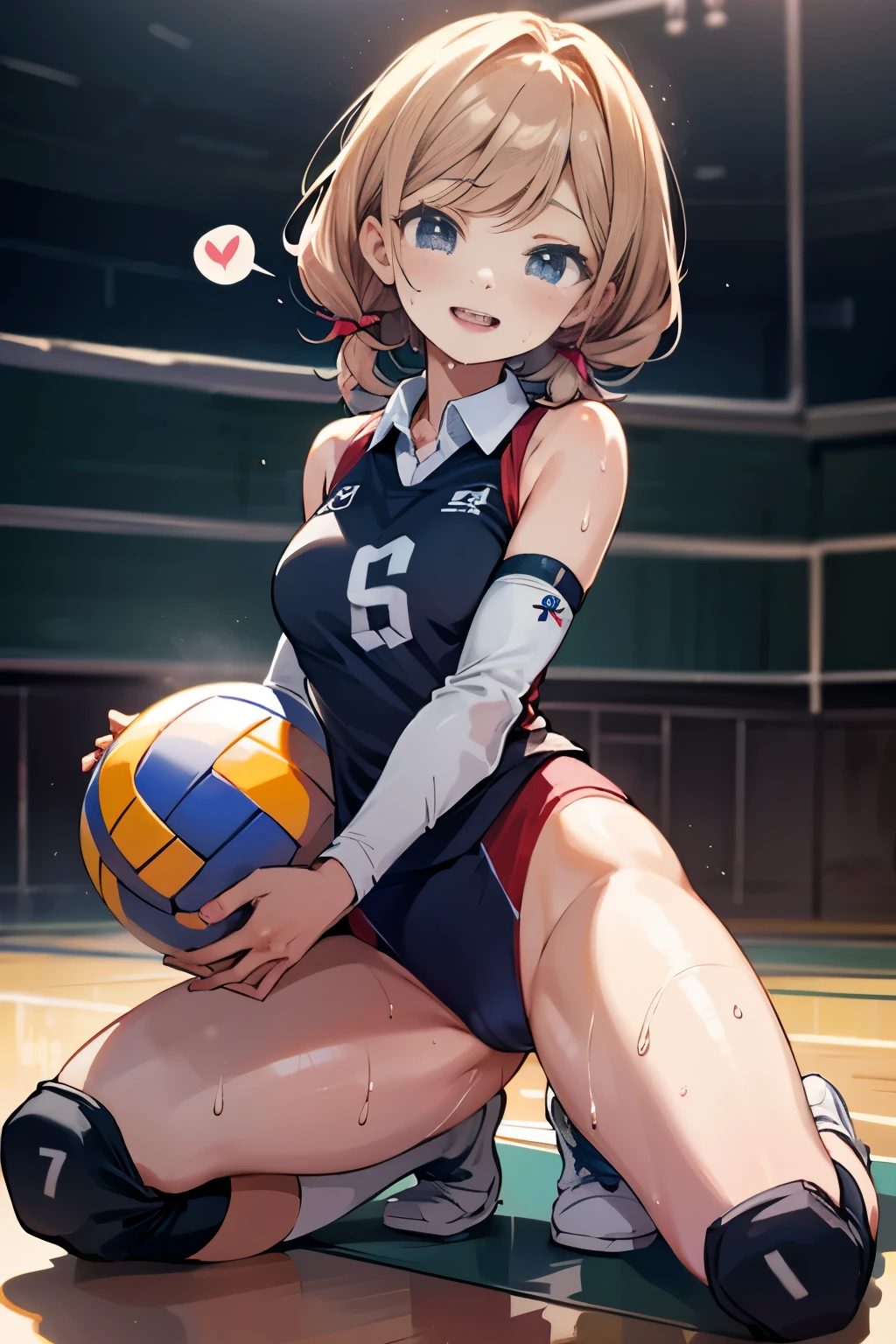 unity 8k wallpaper, anatomically correct, (((masterpiece))), (((best quality))), (((ultra detailed))), (((high-resolution))), ((anime illustration)), ((Ultimate cutie)), anime girl, perfect hands, perfect finger, (((good anatomy))), detailed beautiful face, shiny hair, (((gyaru))), (potbelly), (curvy), medium breasts, ((Thick thighs)), (((solo))), ((seductive smile)), (((blush))), (half open mouth),
BREAK, (((sit astride the perfectly spherical shape 6-inch volleyball))), (((Straddling a perfectly spherical 6" volleyball))), (((Perfectly spherical 6" volleyball fits perfectly crotch))), BREAK, (((Rub the Perfectly spherical 6" volleyball against crotch))),
BREAK, (Collared volleyball uniforms), sleeveless, ((buruma)), ((kneepad)), pussy juice stained, (elbow pad), (((sweat))), (((covered in sweat))), ((deep breathing)), in Volleyball Court, indoor, lighting, looking at viewer, full body, (spoken heart)
